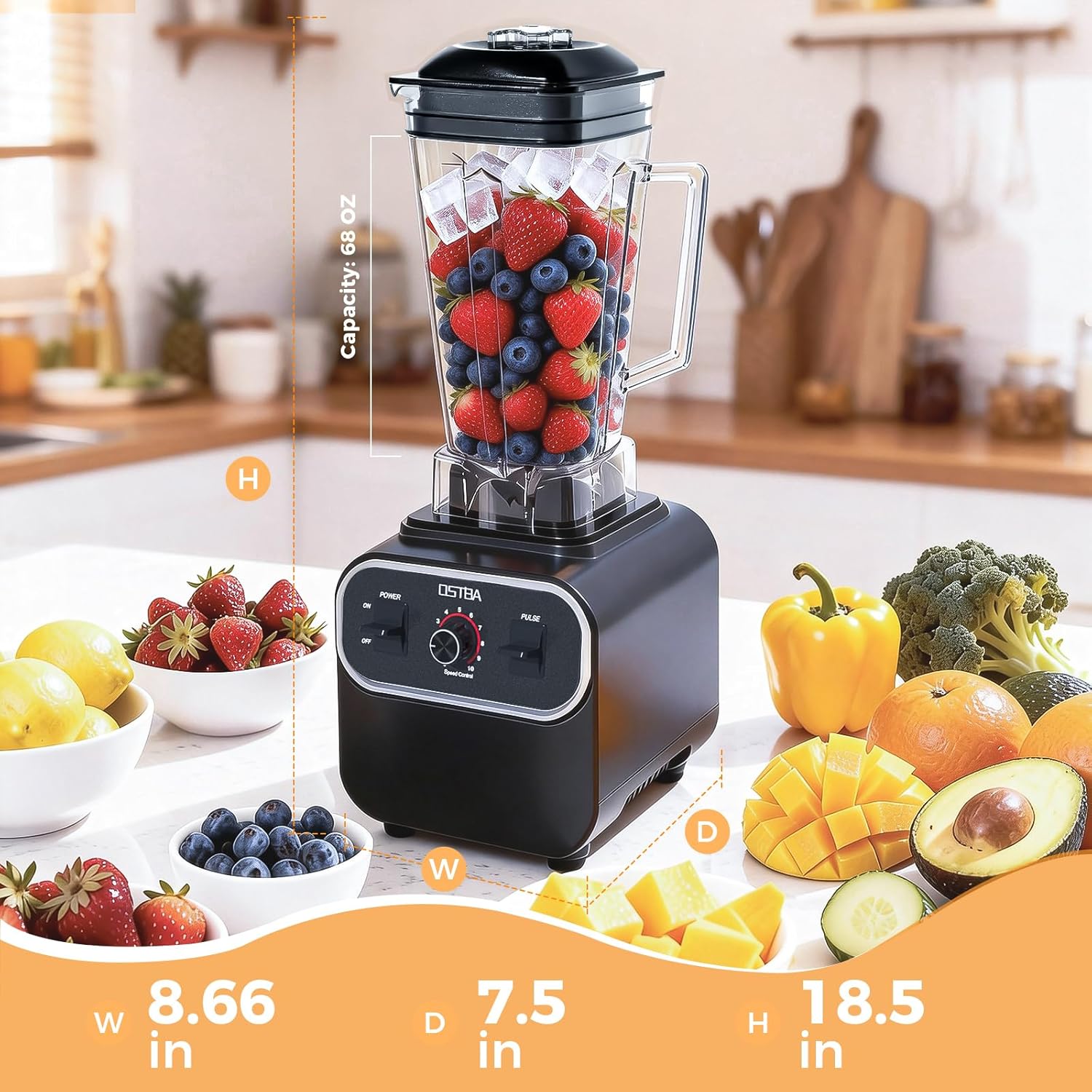 OSTBA Blenders for Kitchen with 68Oz, 1600W Blender for Smoothies, 10 Speeds BPA-Free Countertop Professional Blender for Ice Crushing, Frozen Fruits, Drinks, Self-Cleaning