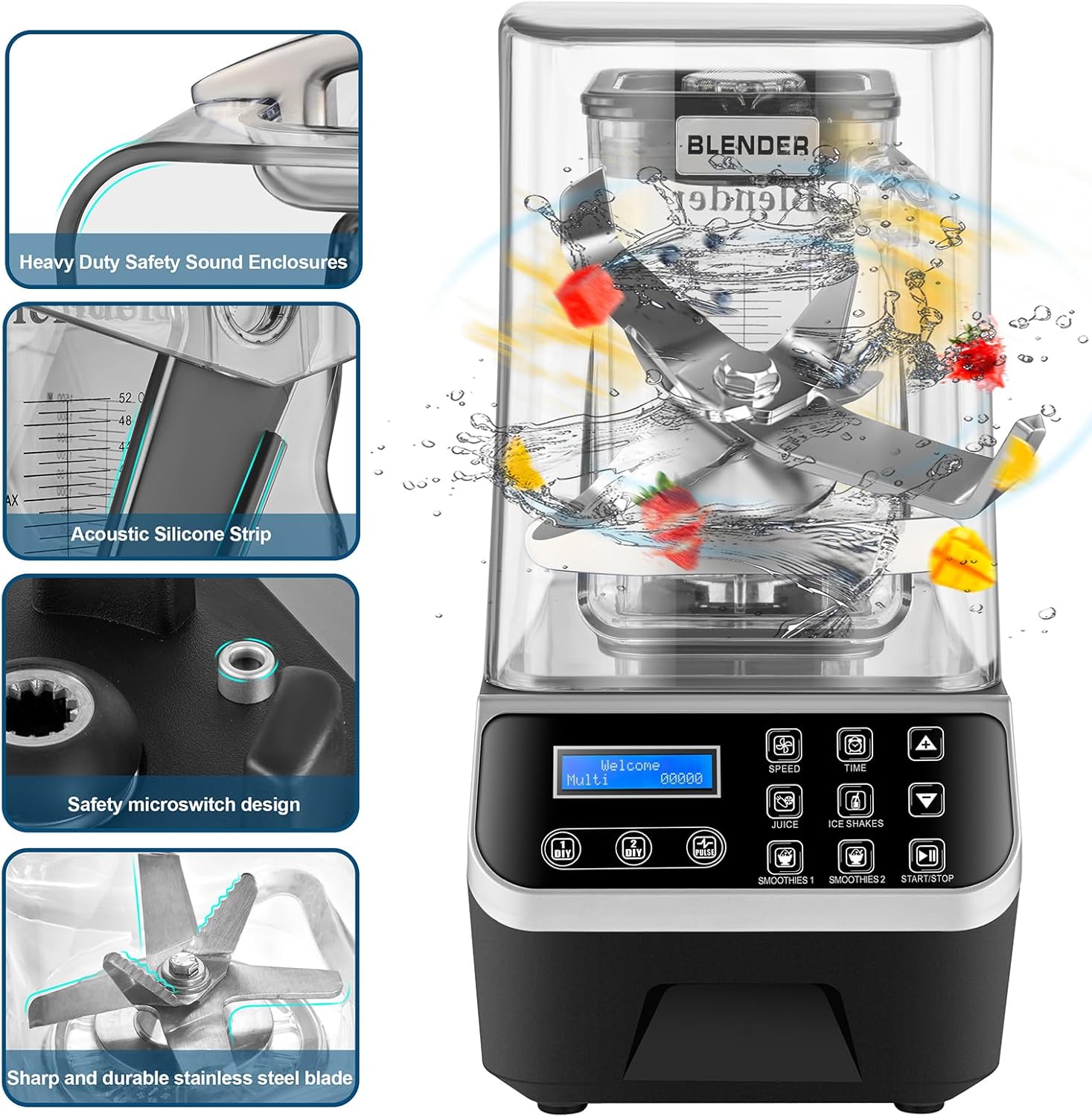 Commercial Blender 2200W 2.1QT 68OZ Quiet Blender Brushless Motors Commercial Smoothies, Frozen Drinks, Self-Cleaning Silver Grey