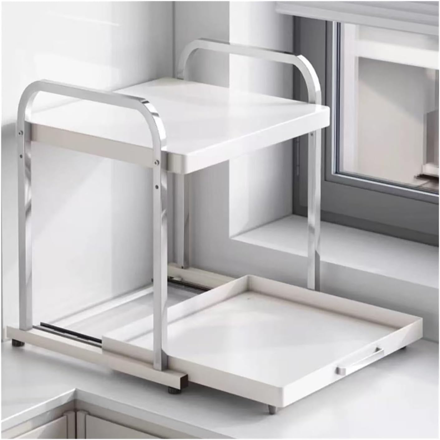 Pull-Out Microwave Oven Kitchen Shelf Free Standing Spice Storage Rack Electrical Appliances Shelves 2 Layers(Almond White 32cm)