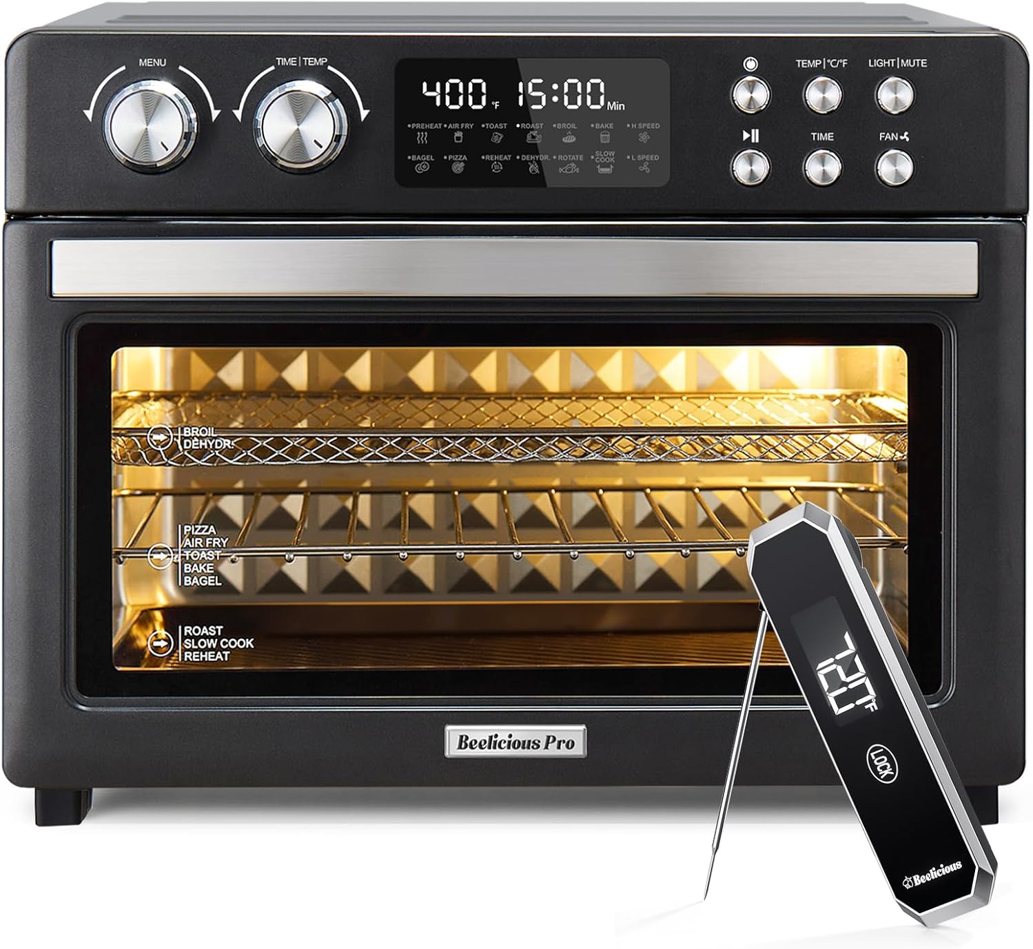 Beelicious Pro 28QT Air Fryer Toaster Oven Combo with Meat Thermometer