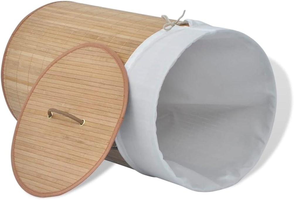 Bamboo Laundry Bin Round Natural with Removable Polyester Liner and Foldable Design for Home Organization and Storage