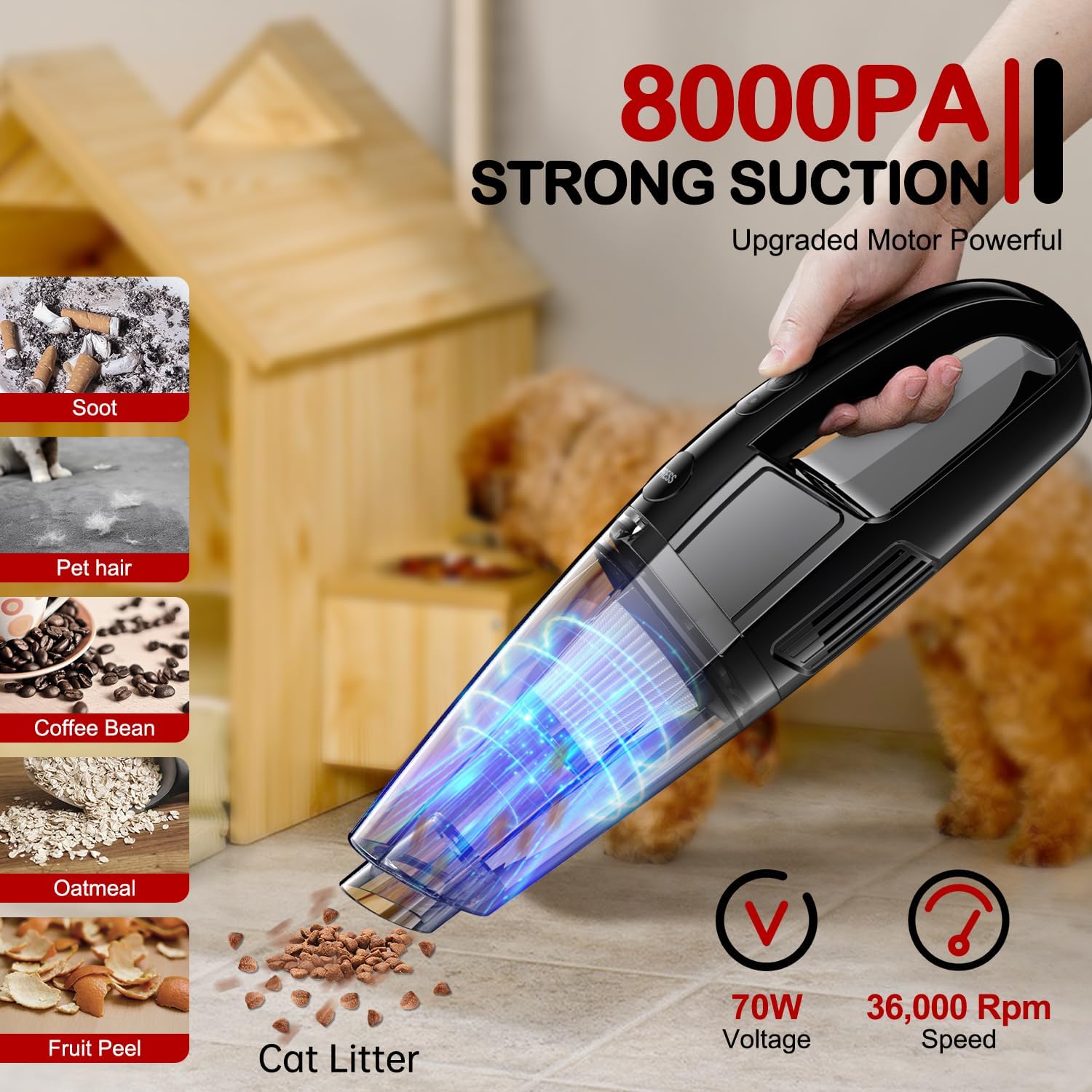 Handheld Vacuum Cordless, Rechargeable 8000PA, Car Vacuum Portable Cordless, Hand Vacuum Rechargeable, 3 in 1, Lightweight, Hand Held Vacuum Cleaner for Car Home Office, Pet Hair