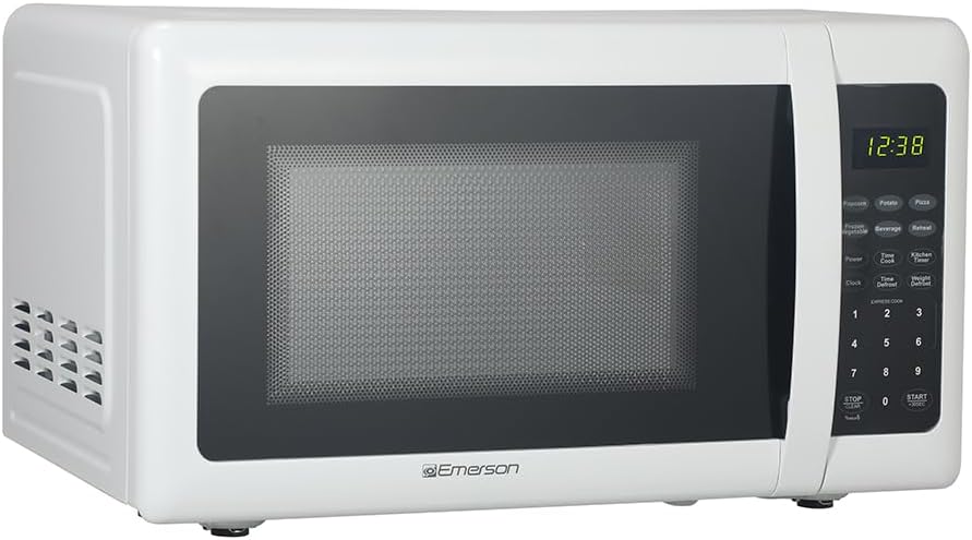 Emerson MW7302W Compact Countertop Microwave Oven with Touch Control, LED Display, 700W, 10 Power Levels, 6 Auto Menus, Glass Turntable and Child Safe Lock, 0.7 Cu., Ft. White