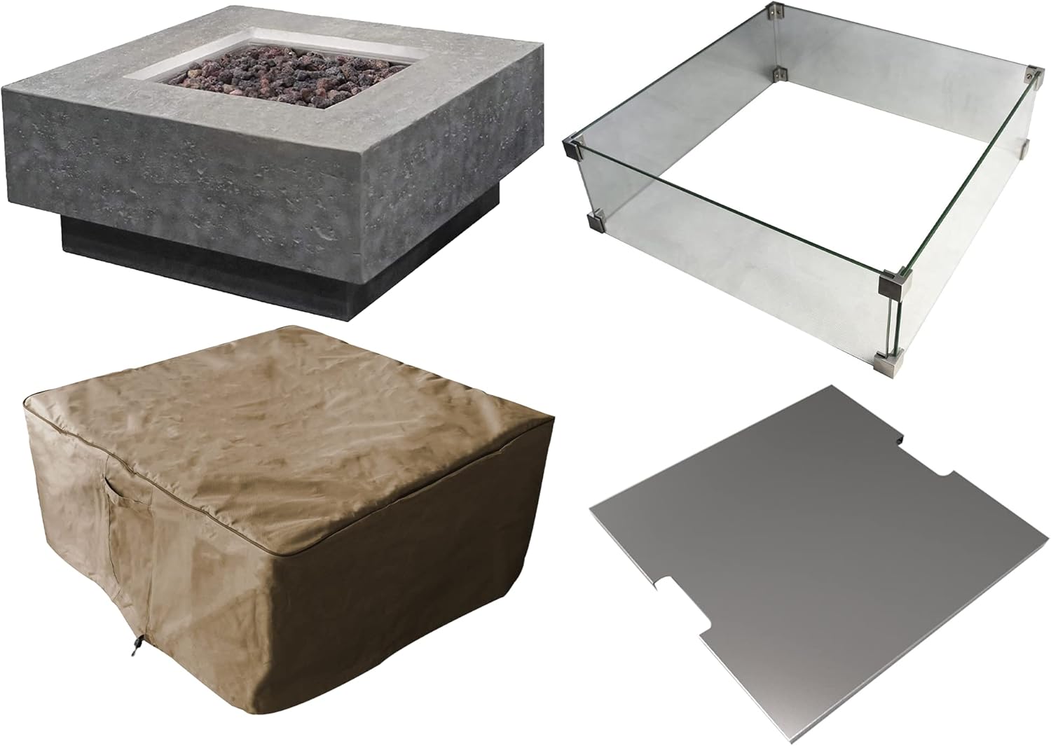 Elementi Manhattan 36' Concrete Natural Gas Outdoor Firepit Table, 22' Square Tempered Glass Wind Screen, and Stainless Steel 21' Firepit Table Cover, Natural Gas - Fire Pit/Table Cover/Wind Screen