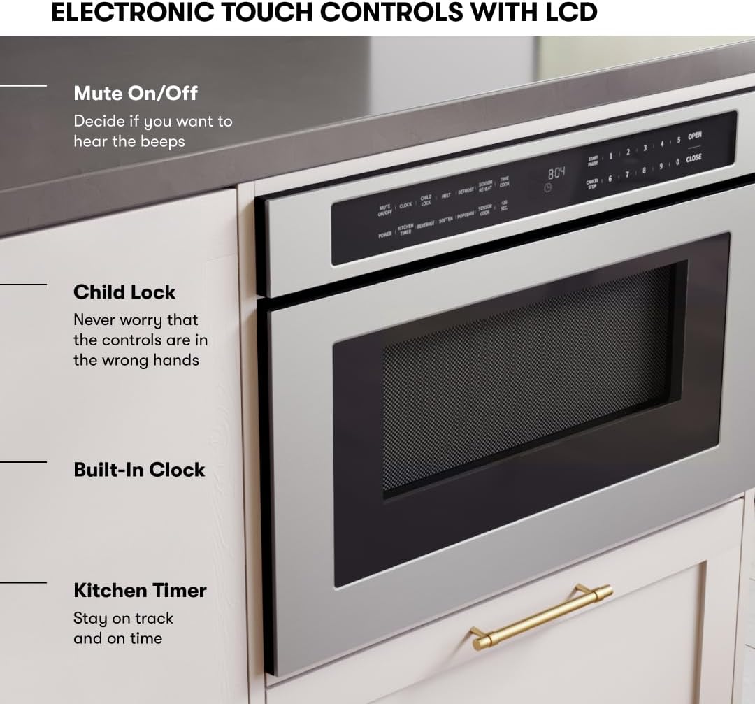 Zephyr 24 inch Built In Drawer Microwave Oven Under Cabinet - Integrated, Wall Mount, Under Counter Pull Out Microwave Drawer 1.2 cu ft, Preset Cooking Options, Easy Clean Coating, 1000W