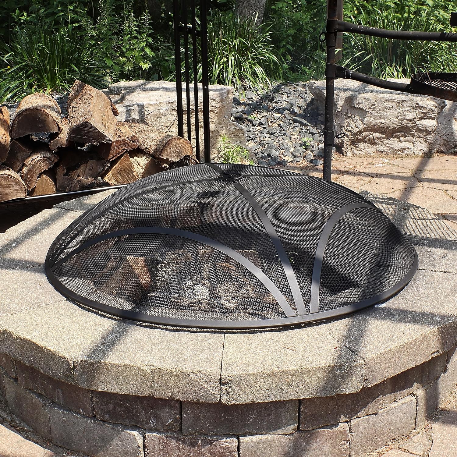 Sunnydaze Black Reinforced Steel Mesh Fire Pit Spark Screen with Ring Handle - 40-Inch Diameter