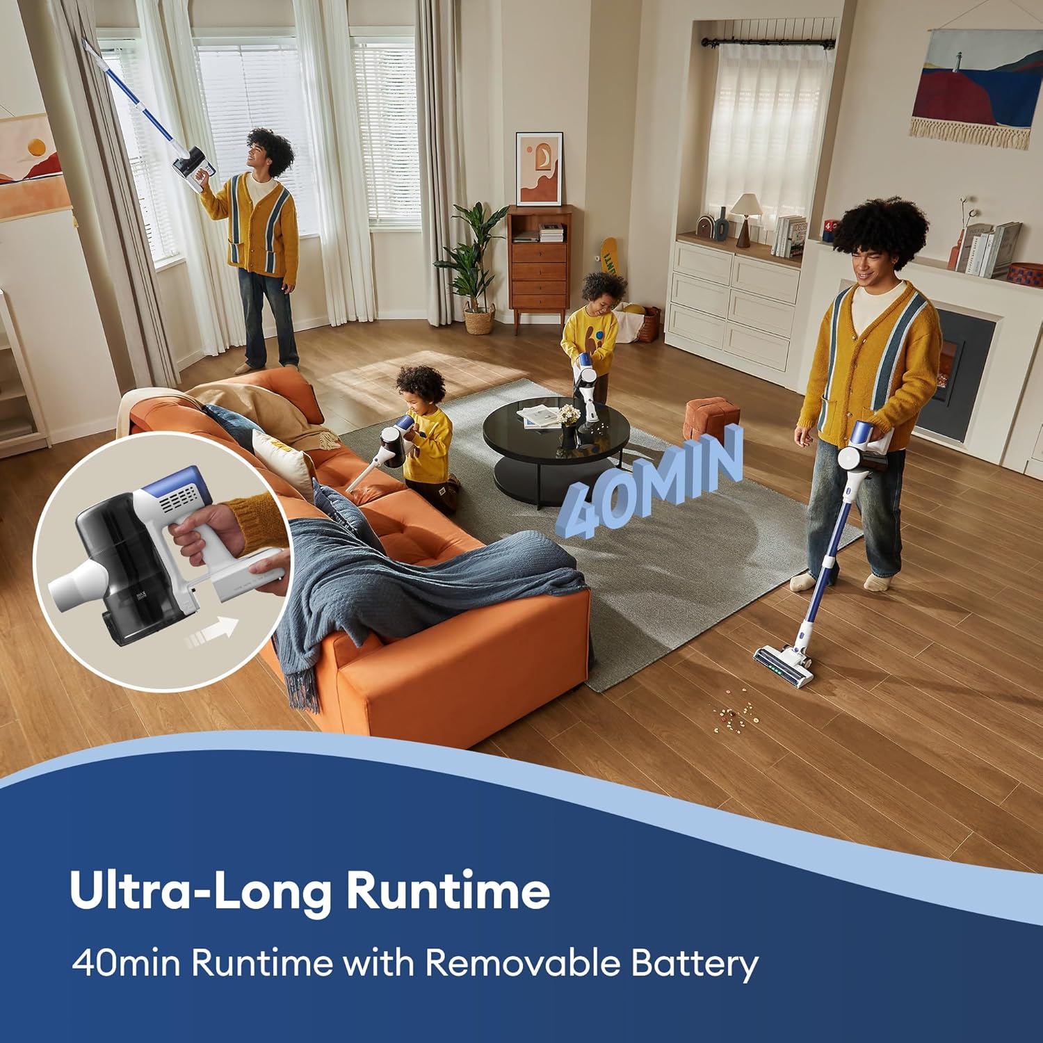 Ultenic Cordless Vacuum Cleaner, 45KPa 500W Stick Vacuum Rechargable, Max 40mins Runtime, Self Standing Design with 1.5L Dustbin Capacity, Stick Vacuum for Home, Pet Hair, Hardwood Floors, U10