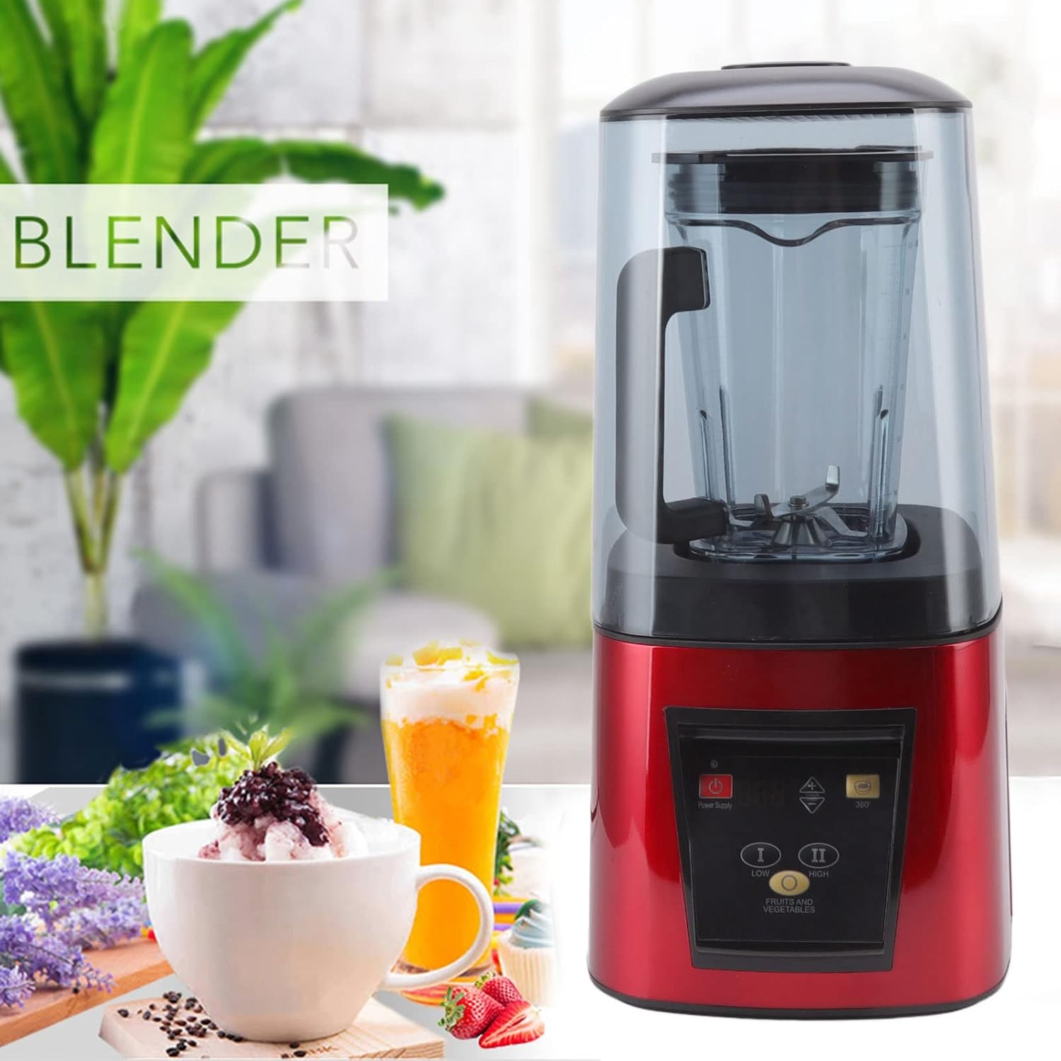 2200W Shakes and Smoothies Blender with Soundproof Cover for Kitchen, 80 DB High Speed Countertop Blender for Ice Puree Frozen Fruit (US Plug 110V)