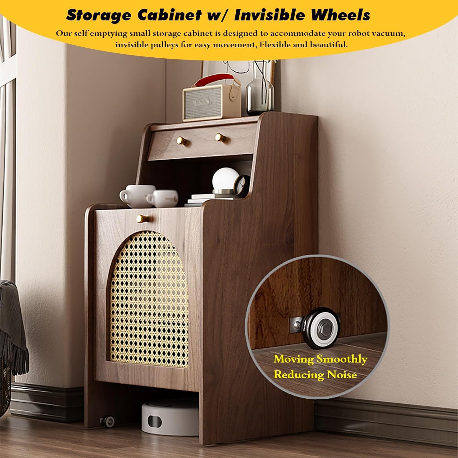 Rolling Smart Sweeper Hideaway Cabinet for Household, Retro Sturdy Sweeping Robot Storage Rack & Portable Sofa Side Table Nightstand Cart with Wheels, 90 Cm Tall Solid Wood Coffee Desk(Natural,50x45x9