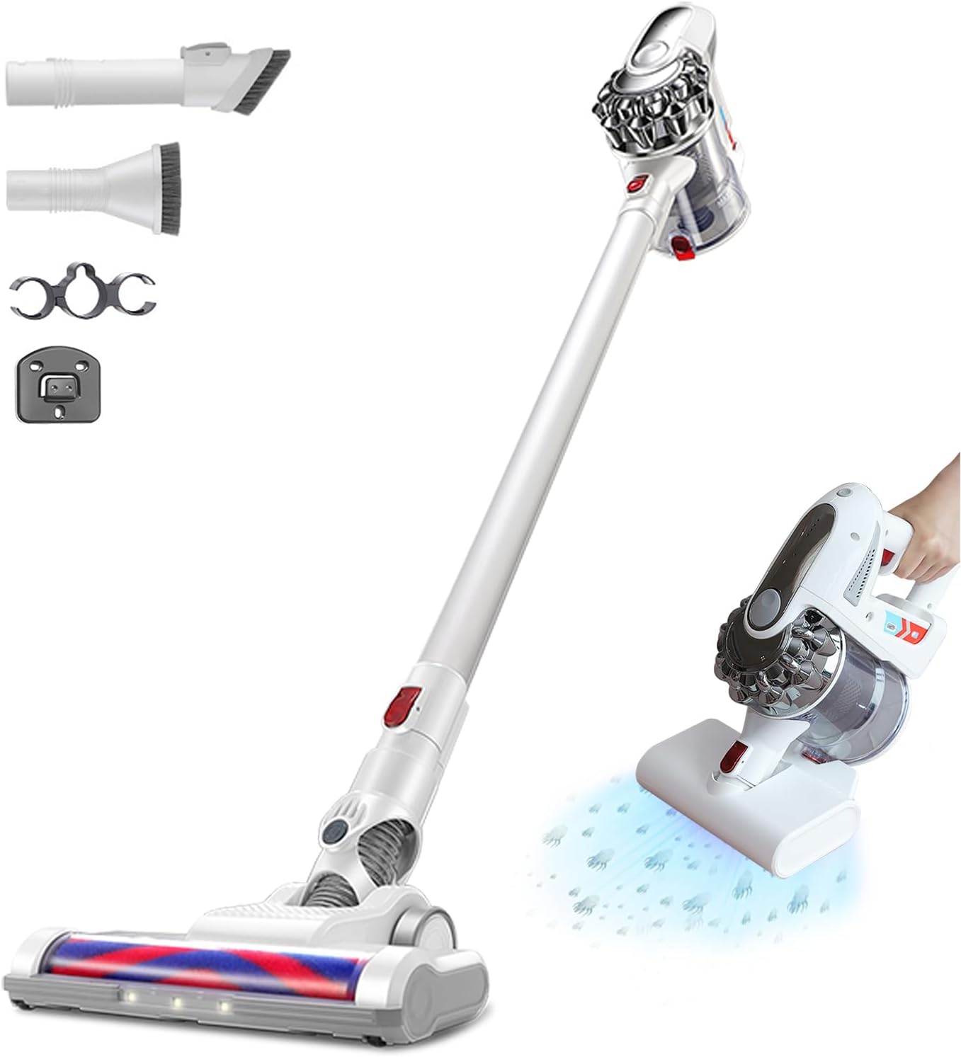 Cordless Vacuum Cleaner, 27KPA/300W Lightweight Stick Vacuum with Sofa Brush, 40mins Runtime Rechargeable Anti-Tangle Vacuum Cleaner for Home/Pet Hair/Carpet/Hard Floor, White