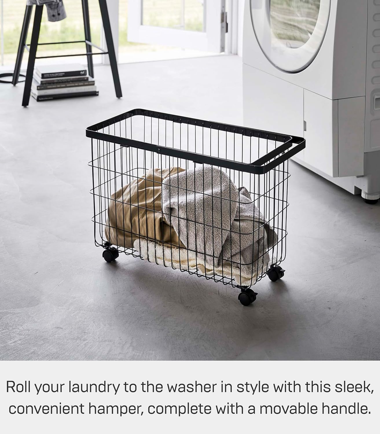 Yamazaki Home Tower Small Rolling Laundry Basket Metal Hamper Cart With Wheels And Handle, 14.8