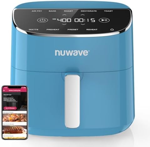 Nuwave Brio Plus Air Fryer 8 Qt, New & Improved, PFAS-FREE, 7 Digital One-Touch Cook Functions that AIR FRY, BAKE, ROAST, DEHYDRATE, TOAST, REHEAT, PREHEAT, 150 Presets, 50°F~400°F (Cozy Blue)