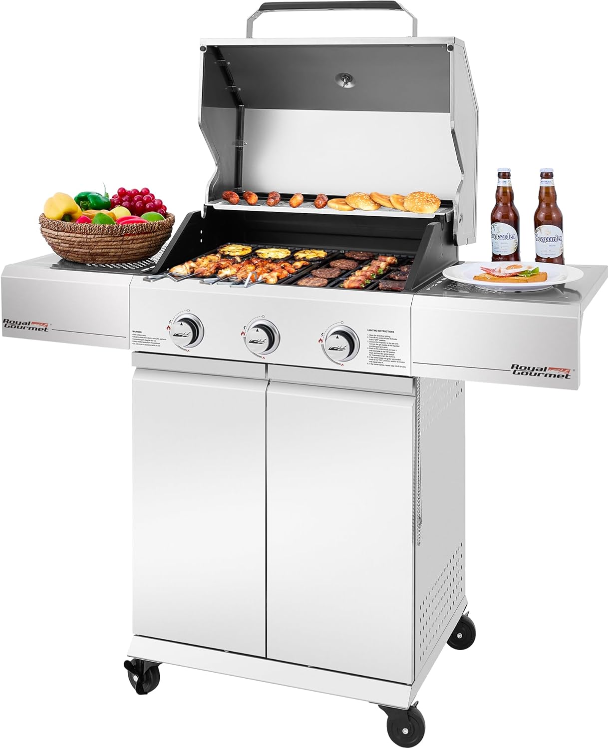 SG3002S Premium Stainless Steel 3-Burner Gas Grill, Cabinet Style Propane Grill with Side Shelves, 30,000 BTU Output for Patio Garden Picnic Backyard Cooking, Silver