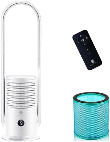 U ULTTY Bladeless Tower Fan and Air Purifier in one, True HEPA Filter 99.97% Smoke Dust Pollen Dander, Oscillating Tower Fan with Remote Control CR022D, White
