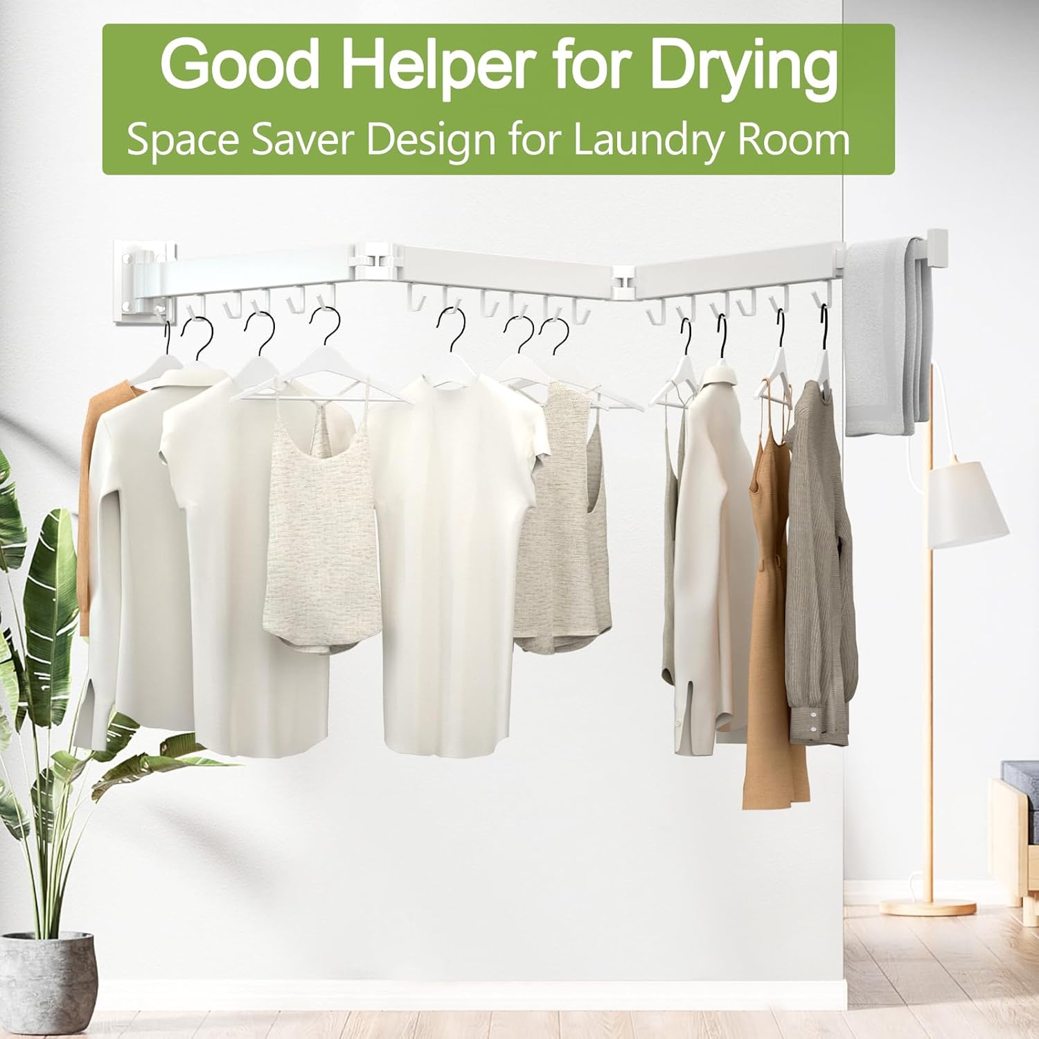 Clothes Drying Rack, Laundry Drying Rack Wall Mounted, [No-Drill & Drilling to Choose] 3-Fold Laundry Drying Racks for Hanging Clothes, Foldable & Sturdy Space Saver for Laundry Room -White