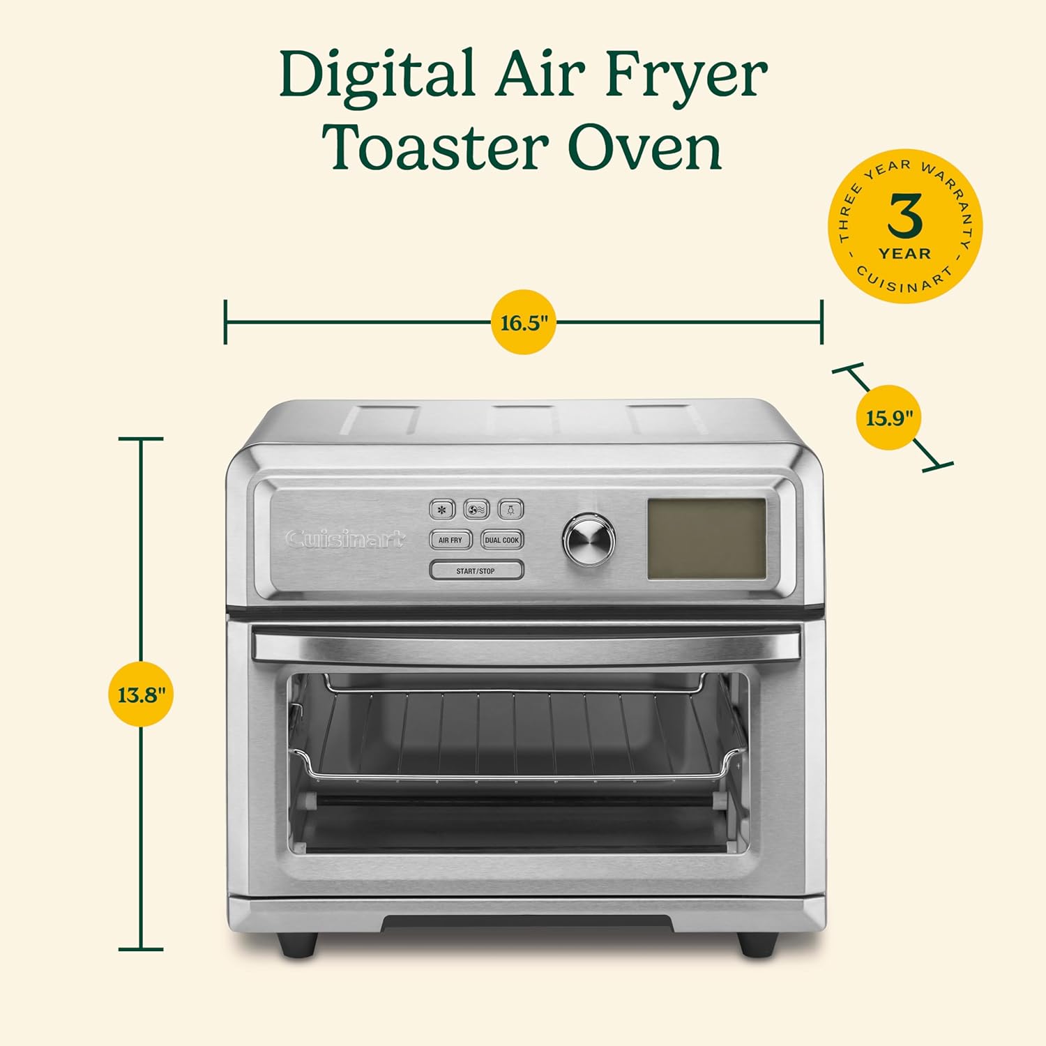 Cuisinart Air Fryer Toaster Oven, Digital Display, 1800 Watt Air Fryer Toaster Oven Combo with Adjustable Temperature and Controls, Stainless Steel Small Kitchen Appliance, TOA-65,Silver