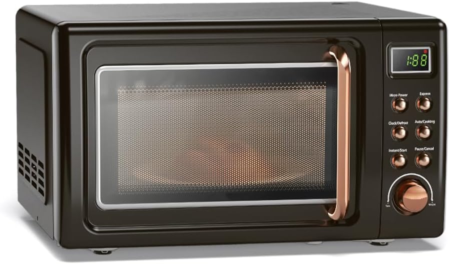ARLIME Retro Microwave 0.7Cu.ft, 700 Watt Countertop Microwave with 5 Micro Power Defrost & Auto Cooking Function, LED Display, Child Lock, Small Microwave for Kitchen, RV, Dorm (Golden)