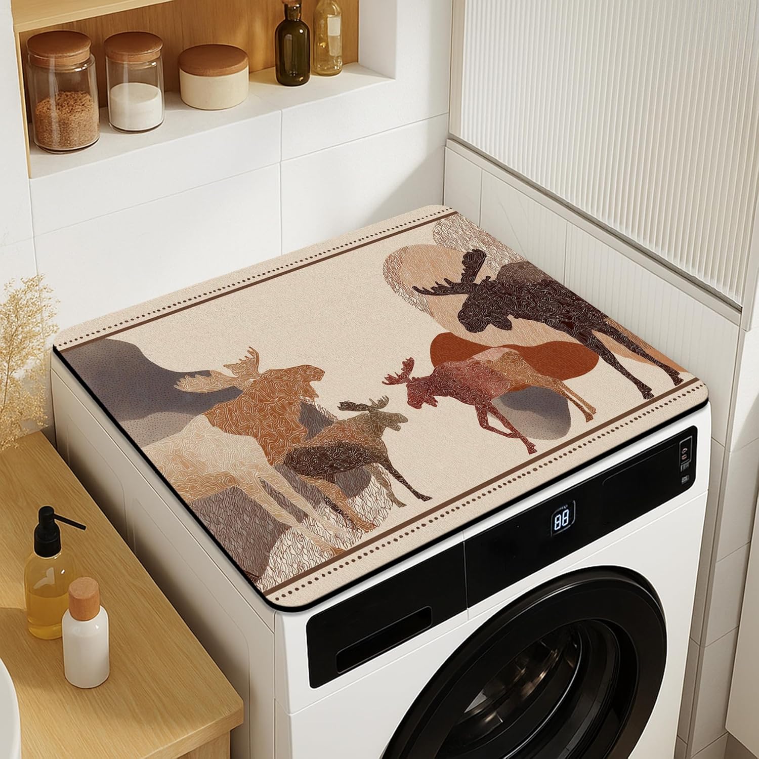 Moose Washer Dryer Top Protector Mat, Earthy Abstract Animal Design Laundry Machine Dust Cover, Rustic Nature Rubber Anti-slip Waterproof Washer And Dryer Mats for Home 20x24 Inch