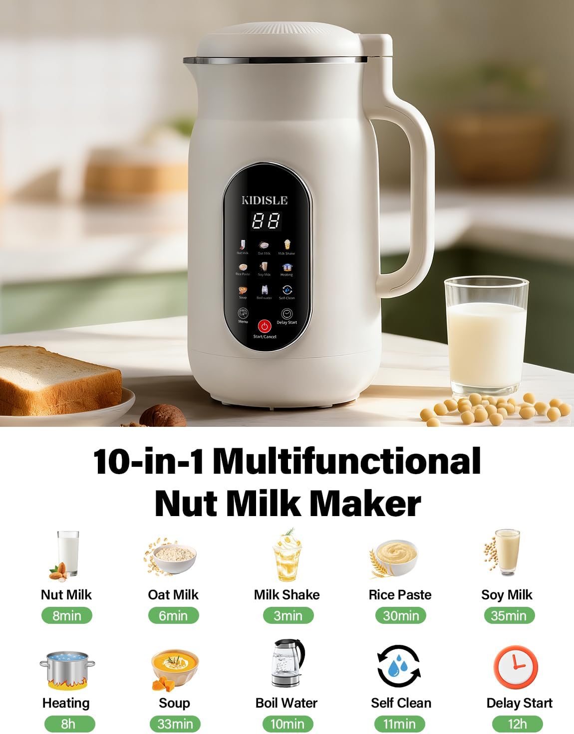 51oz Nut Milk Maker Machine, 10-in-1 Soup Maker with 140℉ Heating & 8H Keep Warm, Touch Screen Plant-Based Milk Maker for Almond, Oat & Soy, 12H Delay Start & Self-Clean, Noise Reduction