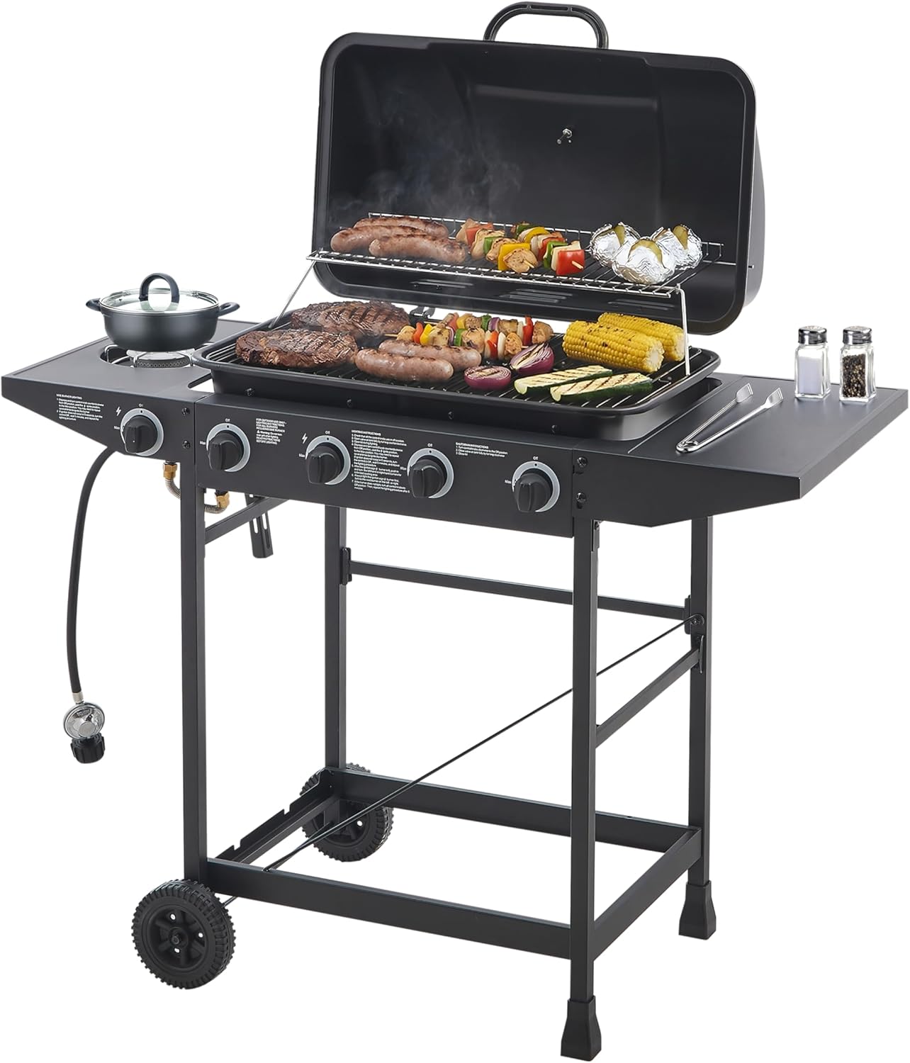 4+1 Burner BBQ Propane Gas Grill with Side Burner 42000 BTU Output Stainless Steel Barbecue Grill with Enamel-Coated Grates and Side Tables for Outdoor Cooking Kitchen and Patio Backyard