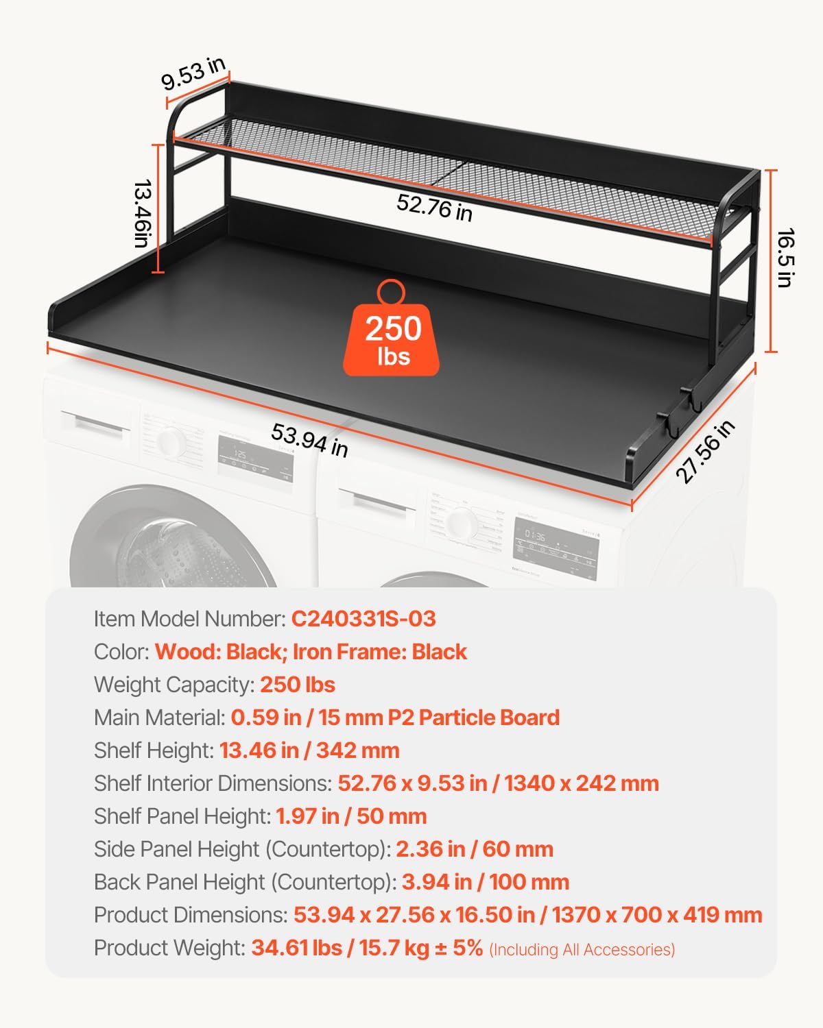 VEVOR Washer Dryer Countertop with 2-Tier Shelf, 54