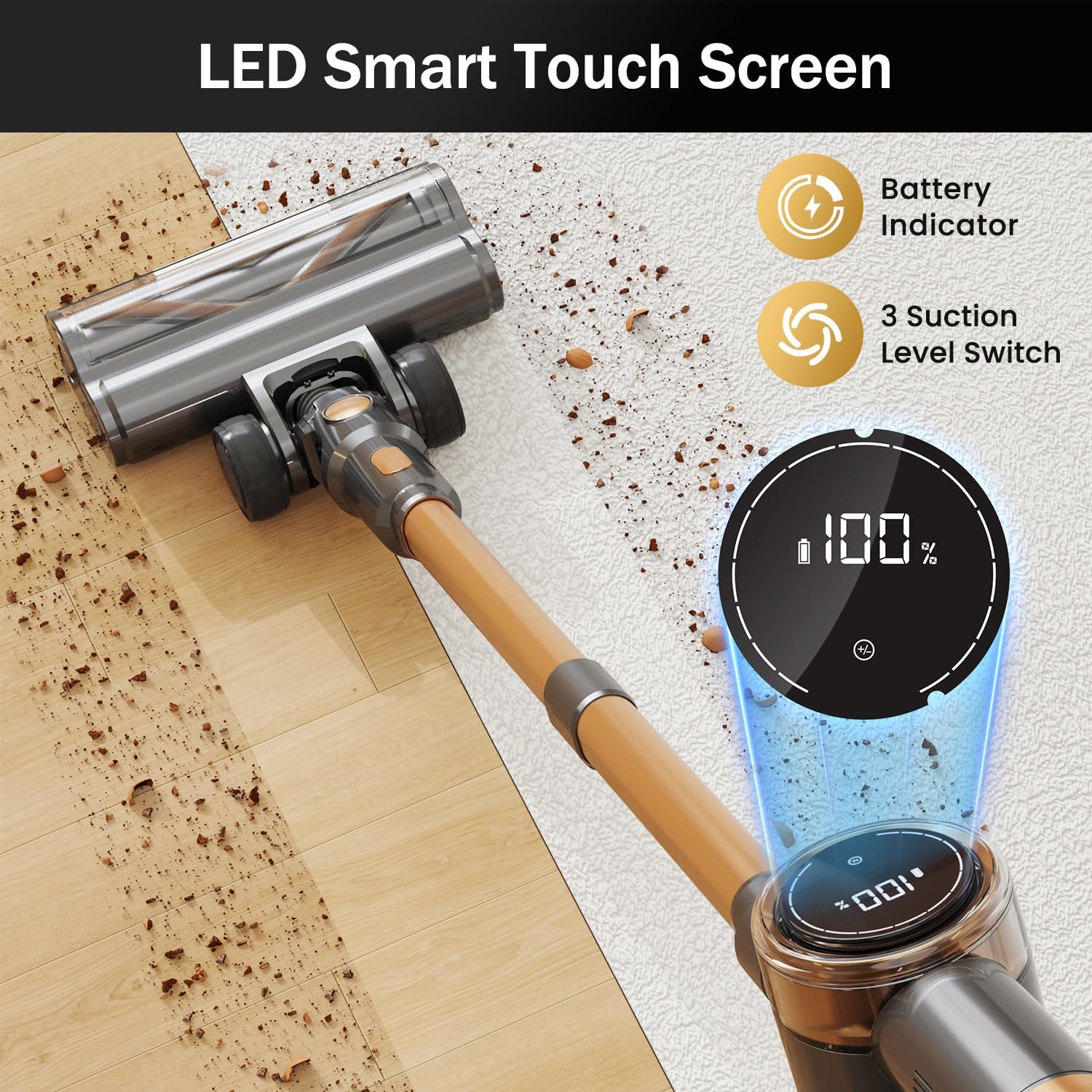 Cordless Vacuum Cleaner, 10-in-1 Lightweight Stick Vacuum with 45mins Runtime, Powerful Suction, LED Touch Screen, Rechargeable Vacuum Cleaners for Home Hardwood Floor Carpet Pet Hair (Gold)