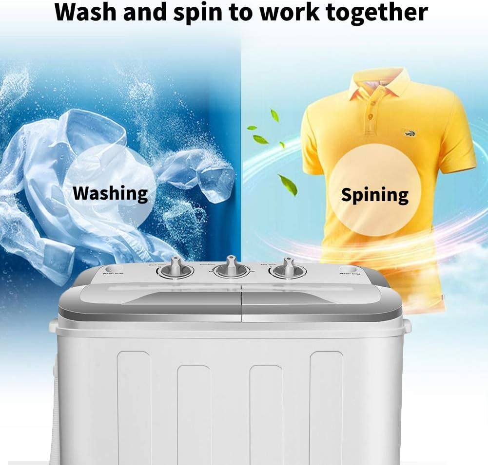 Clothes Washing Machines,SAFEPLUS Compact Mini Twin Tub Versatile Washer Machine with 8 lbs Washing &5 lbs Spin Dryer Load Capacity Gravity Drain Pump and Drain Hose for Apartment