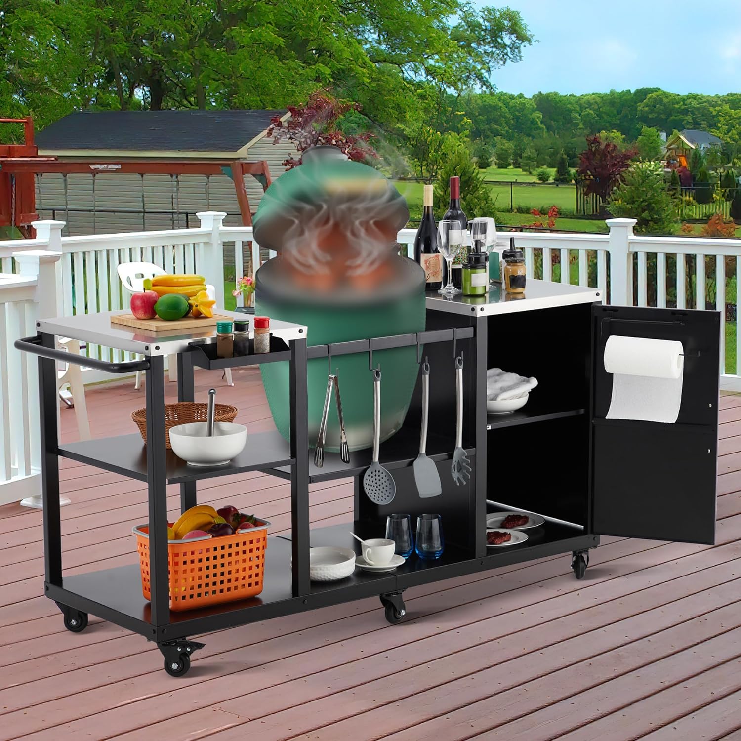 Grill Carts for Big Green Egg Style BBQ, Heavy Duty Metal Outdoor Grill Station Prep Table with Storage, Compatible with Large Big Green Egg,Outdoor Kitchen Island, BBQ Prep Table for Parties