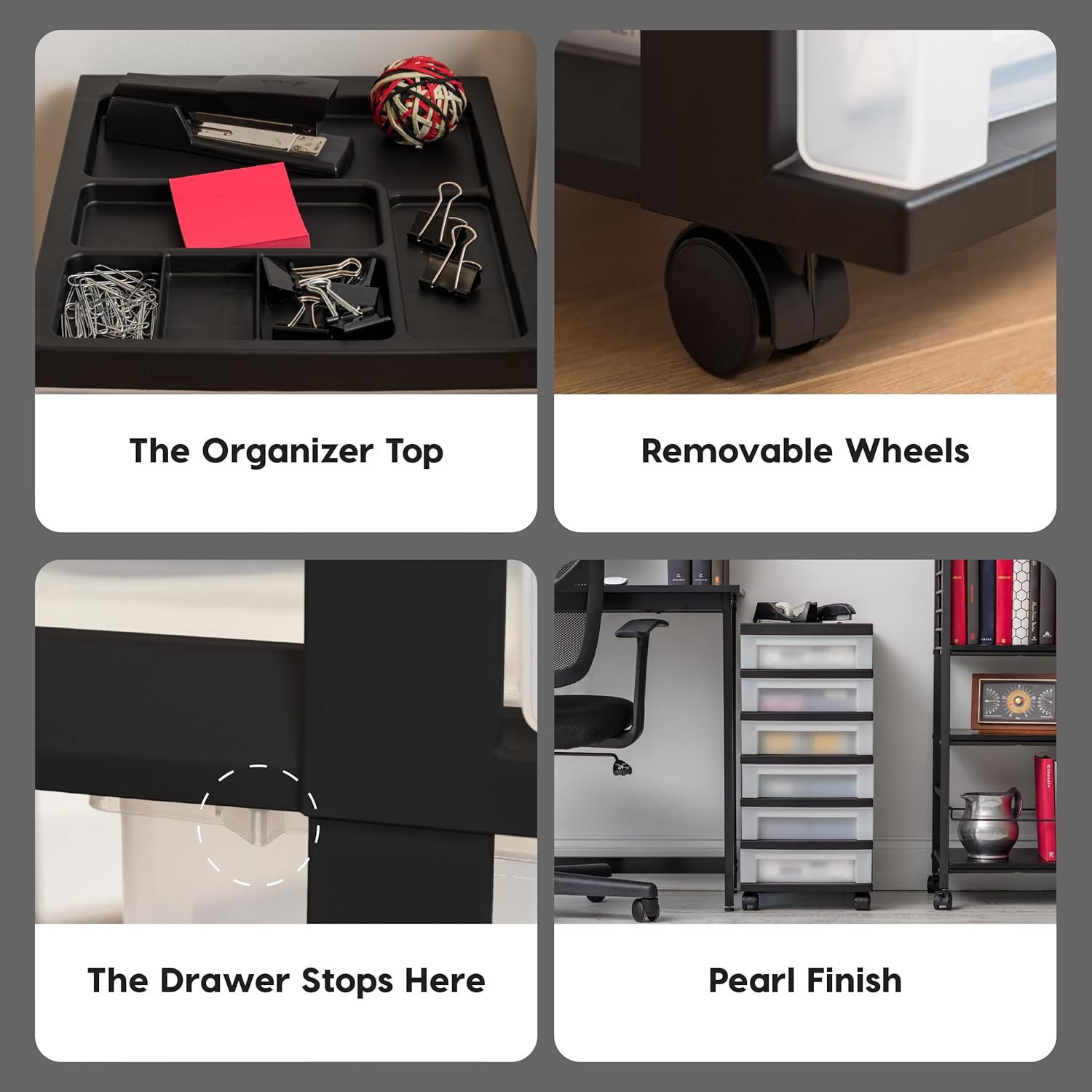 IRIS USA Plastic Drawer Storage Organizer Rolling Cart, with Wheels Casters, 6-Drawers, for Classroom Art Craft Supplies Dresser Closet Bathroom Laundry Room, Black/Clear