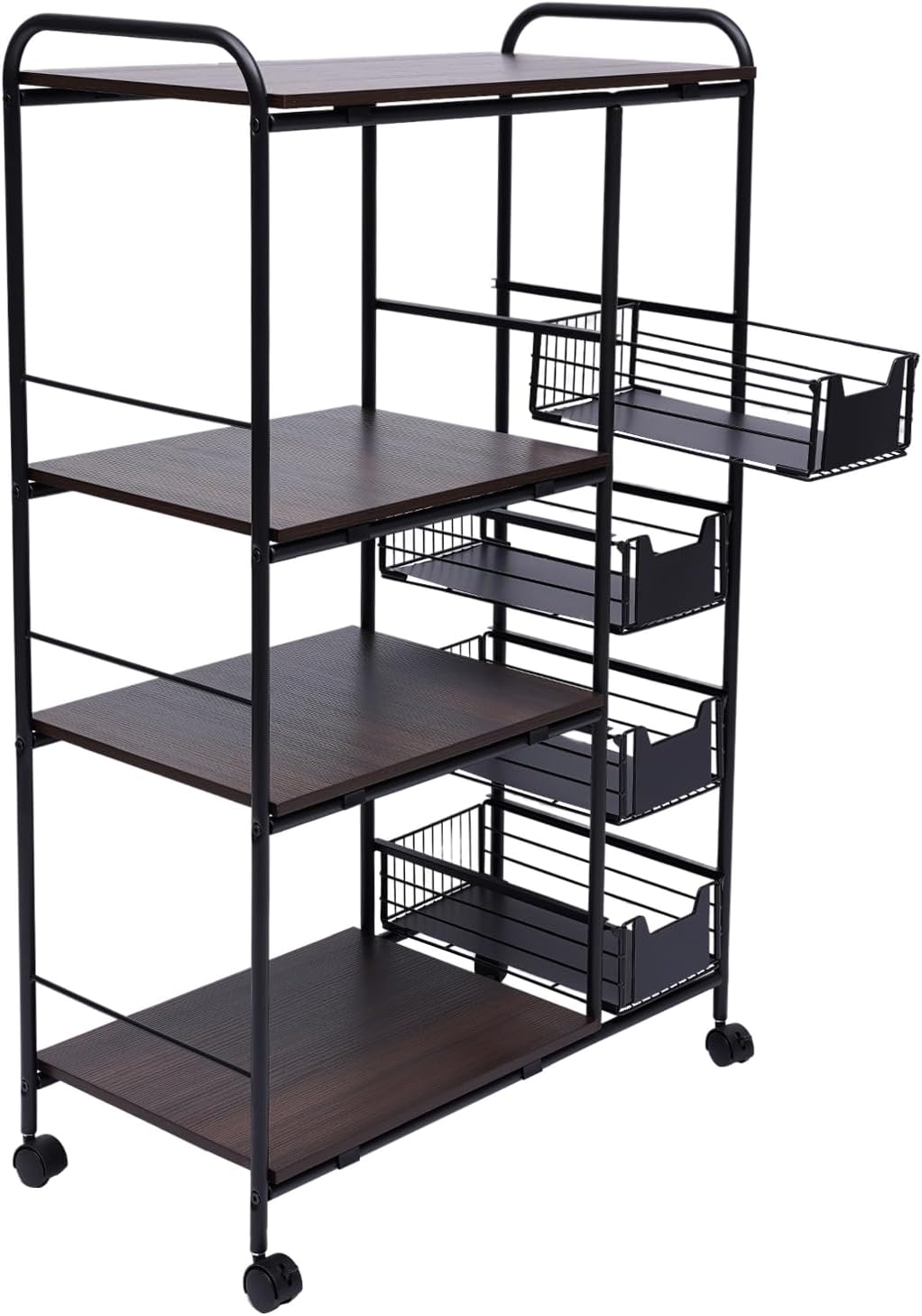 4-Tier Kitchen Standing Bakers Rack, Microwave Oven Stand Rack, Utility Workstation Stand, Kitchen Cart with Storage Basket & Wheels, Kitchen Organizer Shelf for Spices/Utensils Foods, Vintage Brown
