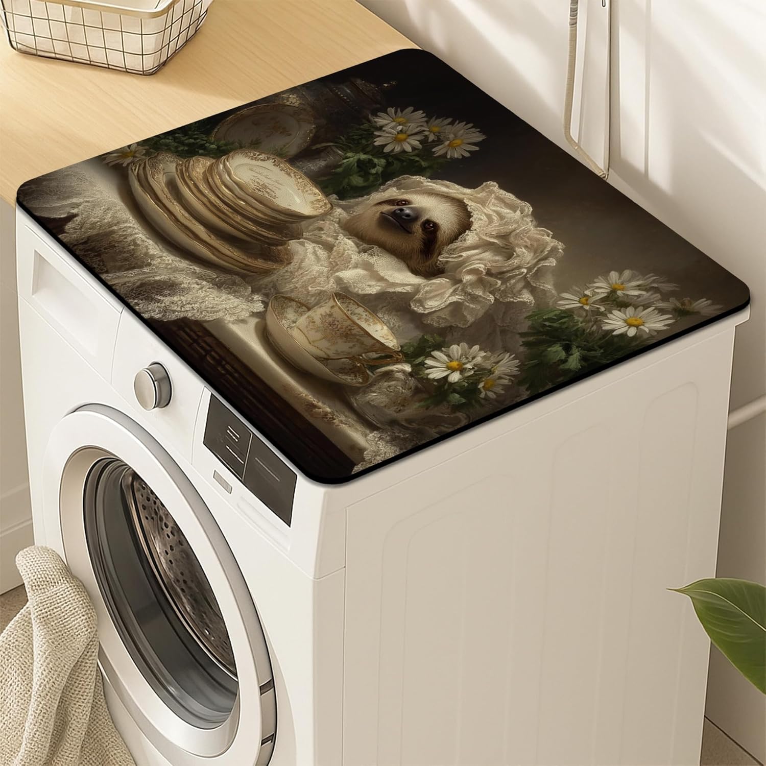 Quaint Sloth Washer Dryer Top Protector Mat, Vintage Floral Laundry Machine Dust Covers, Spring Aurora Rubber Anti-slip Waterproof Washer And Dryer Mats for Laundry Room 24x24 Inch