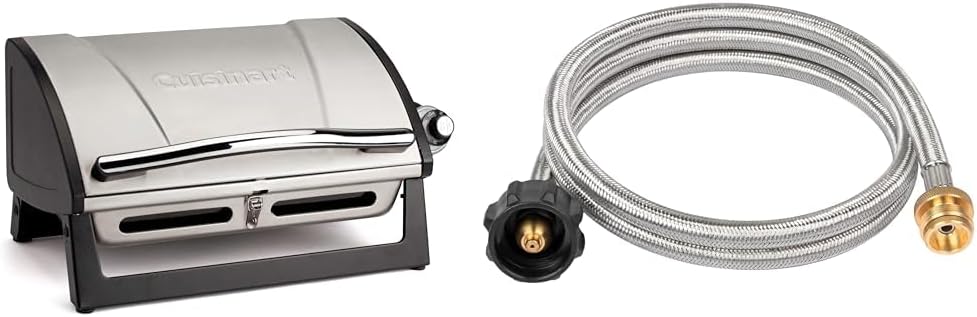 Cuisinart 8,000 BTU Portable Propane Tabletop Gas Grill Bundle with Propane Adapter & 5ft Hose for Portable Appliances