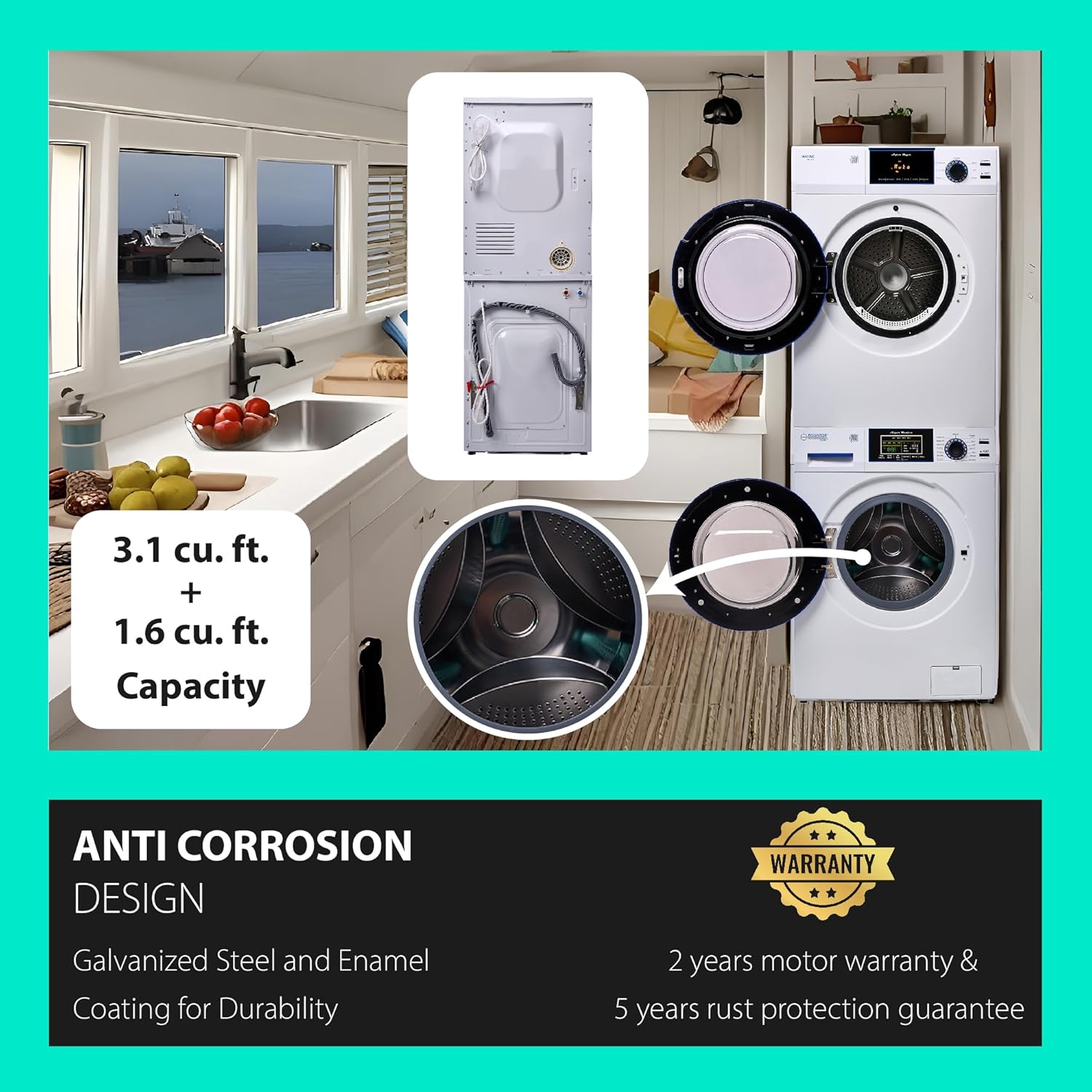 Equator MARINE ANTI CORROSION Stackable Compact Washer 1.6cf+Sensor Dryer 3.1cf 110V