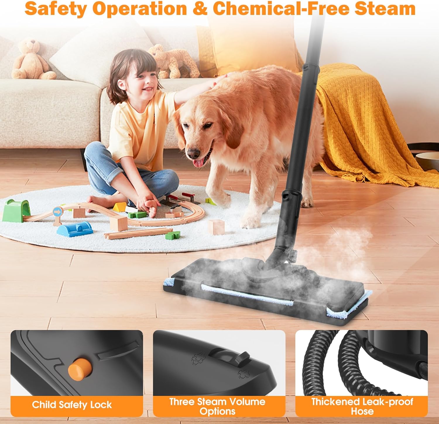 Powerful Steam Cleaner for Home, Chemical-Free Multipurpose Steam Cleaner, 3-Steam Volumes Comfy Handle, Portable Deep Cleaning Lightweight Steamer for Car Detailing Carpet Upholstery Tile Grout