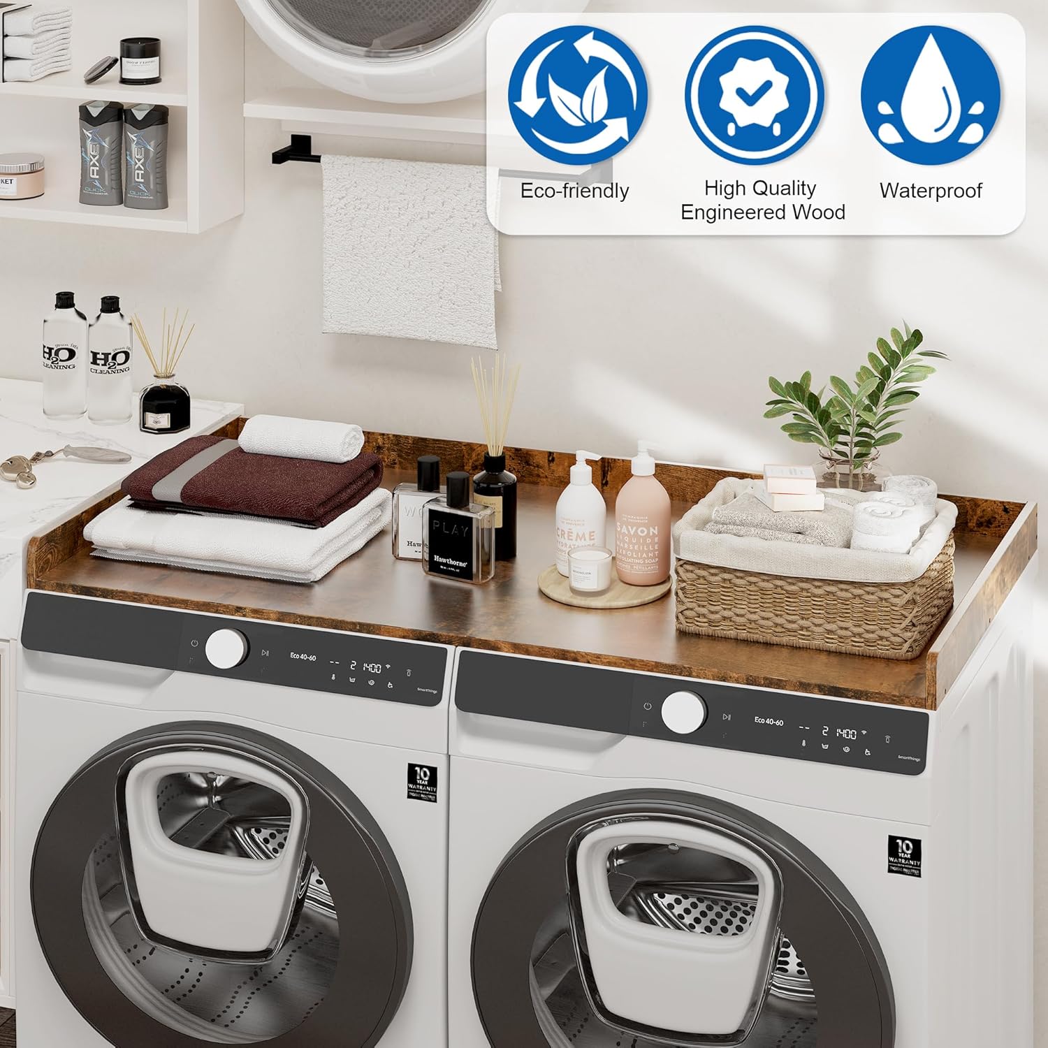 efluky Washer Dryer Countertop, Wood Countertop with Edge Rails for Laundry Room Organization and Storage, Washer Dryer Topper for Laundry Room, 27.5