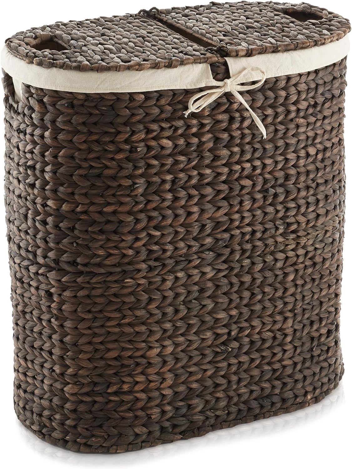 Casafield Oval Laundry Hamper with Lids and Removable Liner Bags - Espresso Dark Brown, Woven Water Hyacinth 2-Section Laundry Basket Clothes Sorter