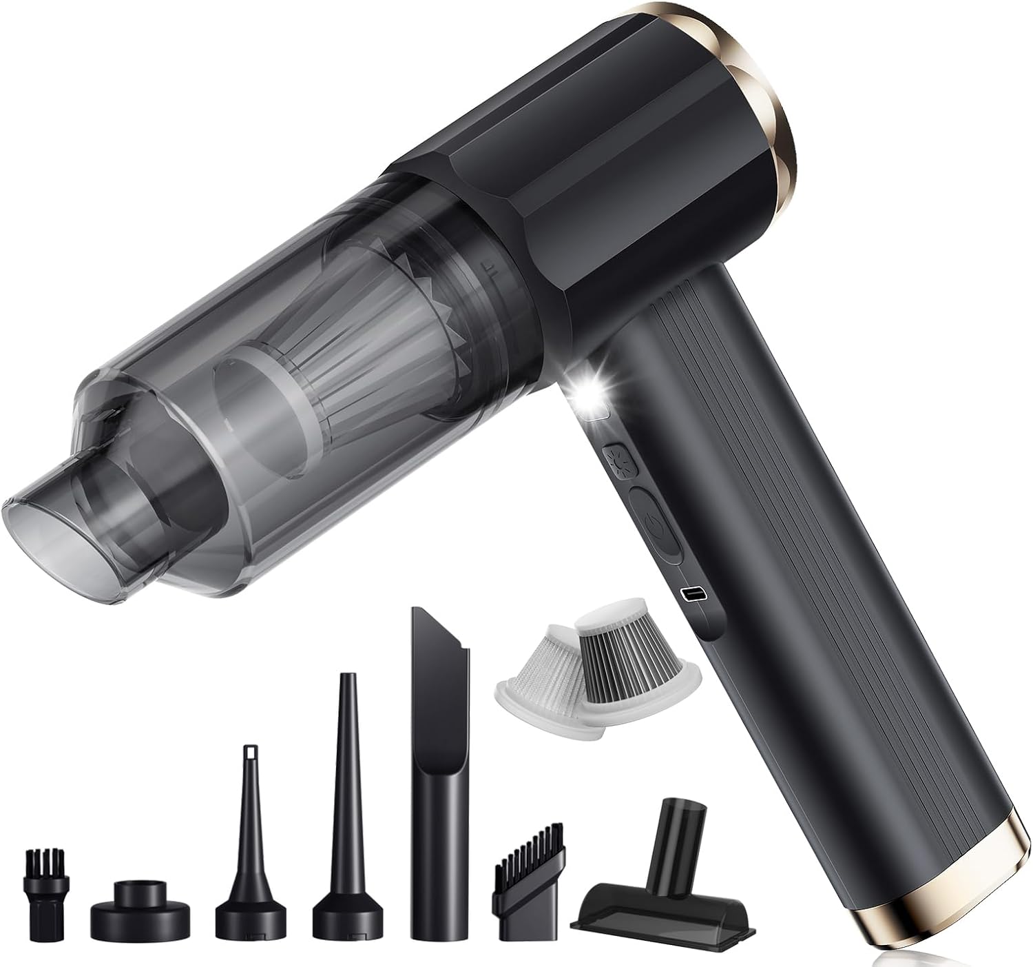 Aspirador portátil inteligente, Negro, potencia de succión 24000Pa, Tiempo de ejecución de 50 min, diseño multifunción 5 en 1, chip de Doble Sensor, Motor sin cepillo