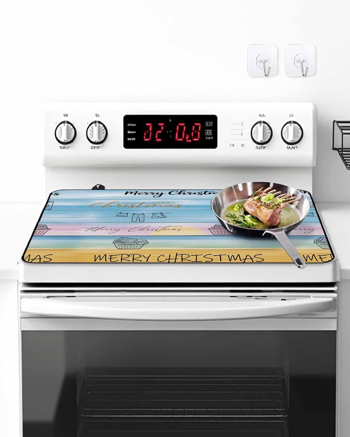 Merry Christmas Stove Top Covers for Electric Stove, Kitchen Table Protection Mat, Blue Wood Clothes Laundry Room Washing Machine Heat-Proof Glass Cooktop Pad Cover for RV/Small Kitchen 36