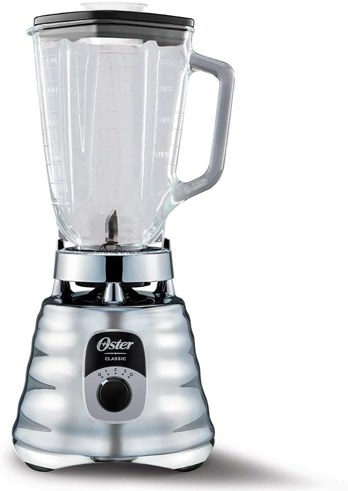 Oster Original 3 Speed Chrome Blender, 6 Times more Durable Motor, 10 Times Stronger, 5 Cup Glass Jar