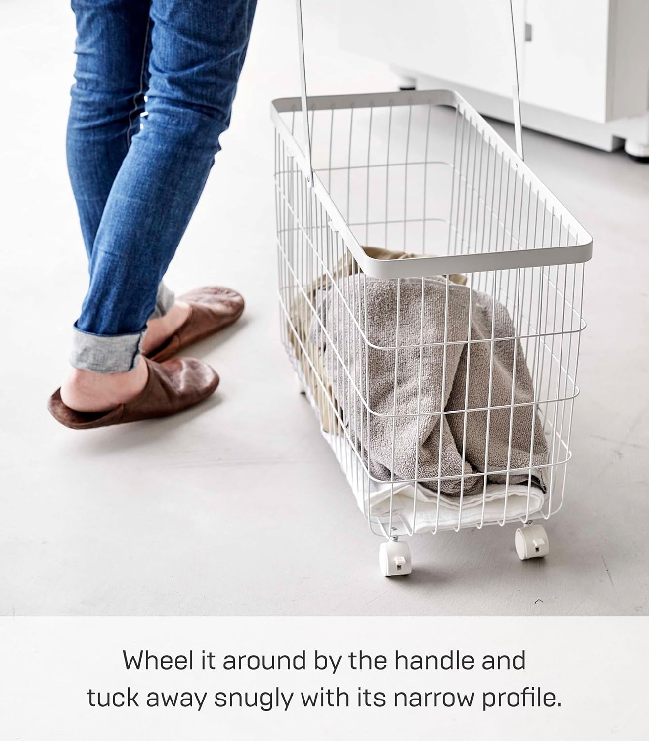 Yamazaki Home Tower Small Rolling Laundry Basket Metal Hamper Cart With Wheels And Handle, 14.8