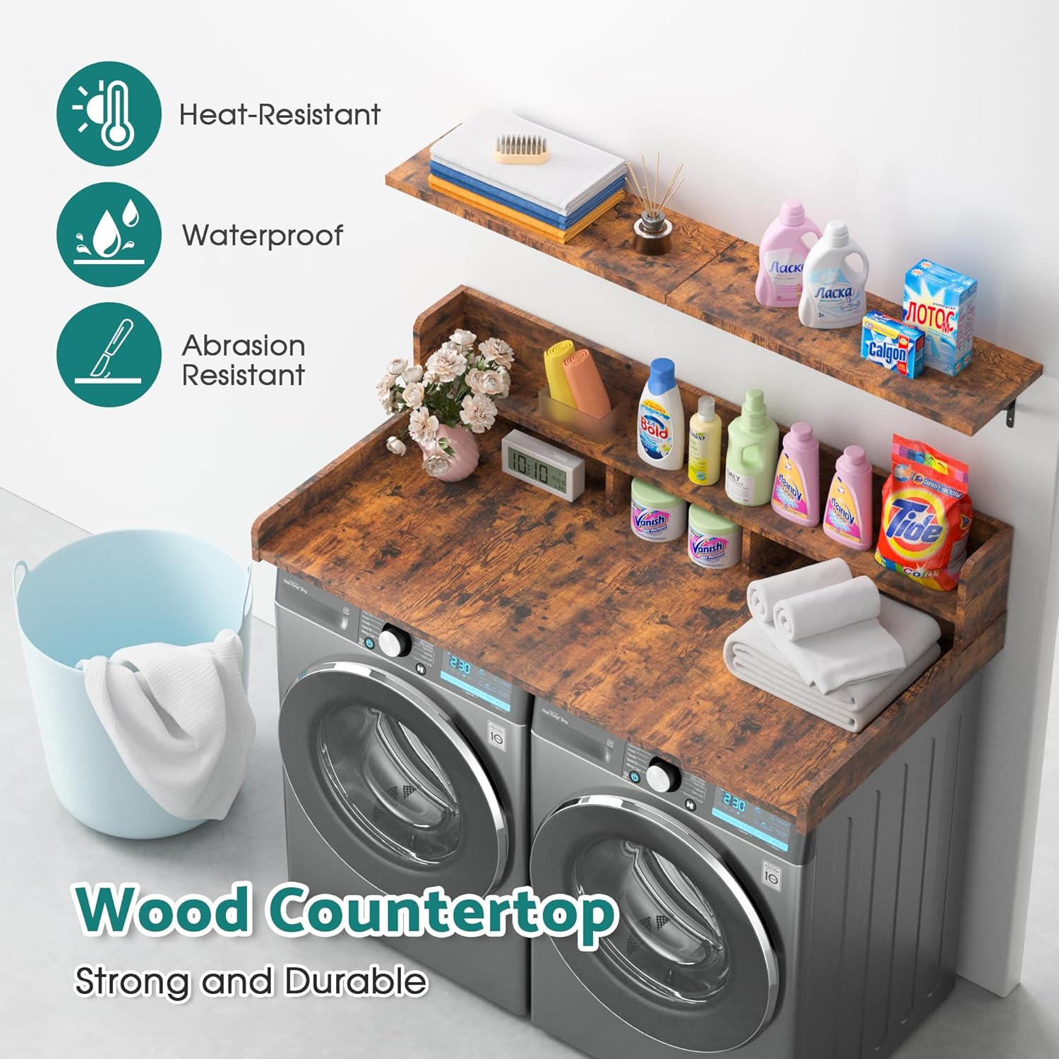 Washer Dryer Countertop, Laundry Countertop Over Washer And Dryer, Washer And Dryer Covers For The Top For Laundry Room Organization, Washer And Dryer Countertop Shelves (Oka Brown, 53.9*27.5*12)