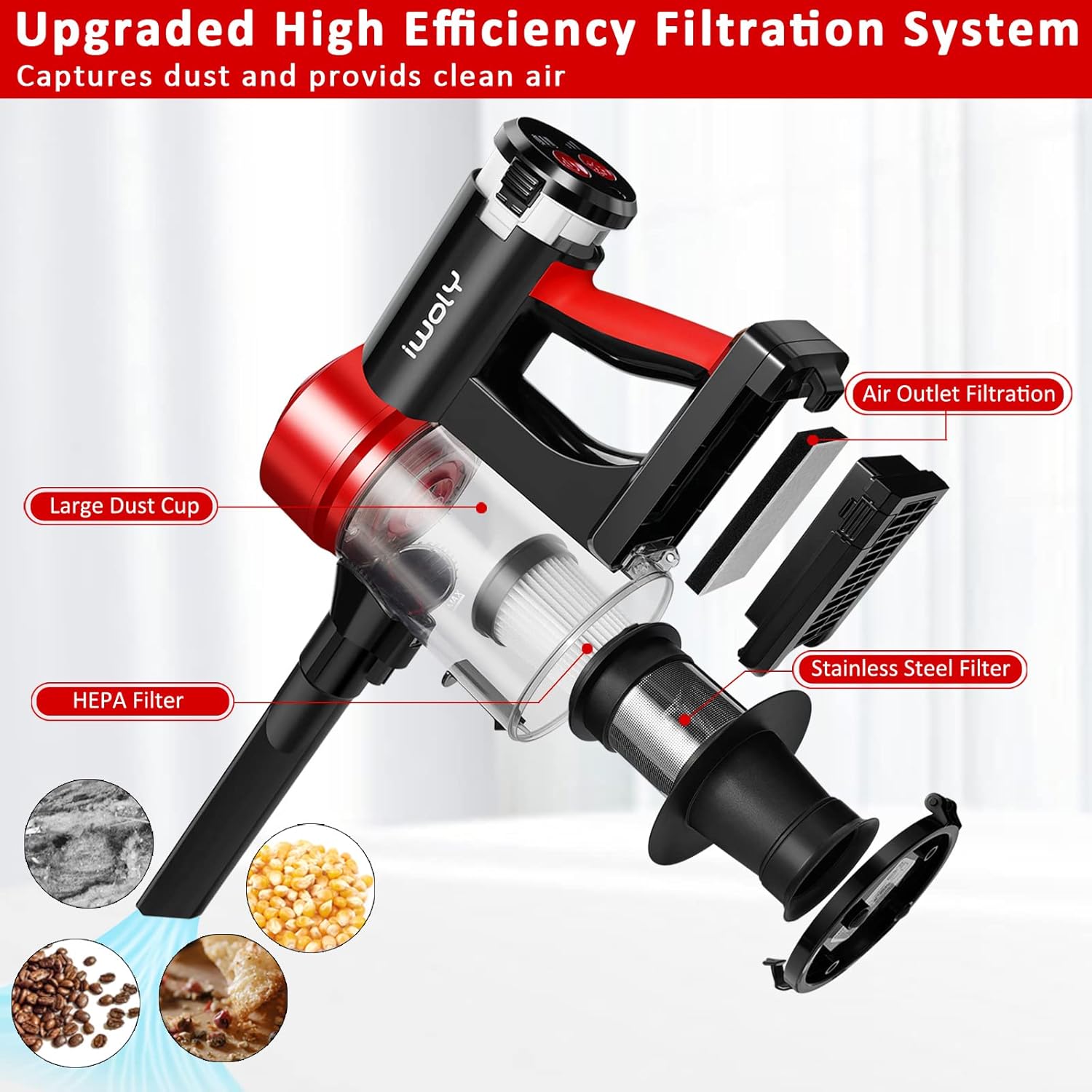 iwoly C150 Cordless Vacuum Cleaner Rechargeable with 2200mAh Detachable Battery, 18000Pa Cyclone Vacuum with HEPA Filter, Lightweight Portable Handheld Stick Vacuum for Hard Floor Car Cleaning