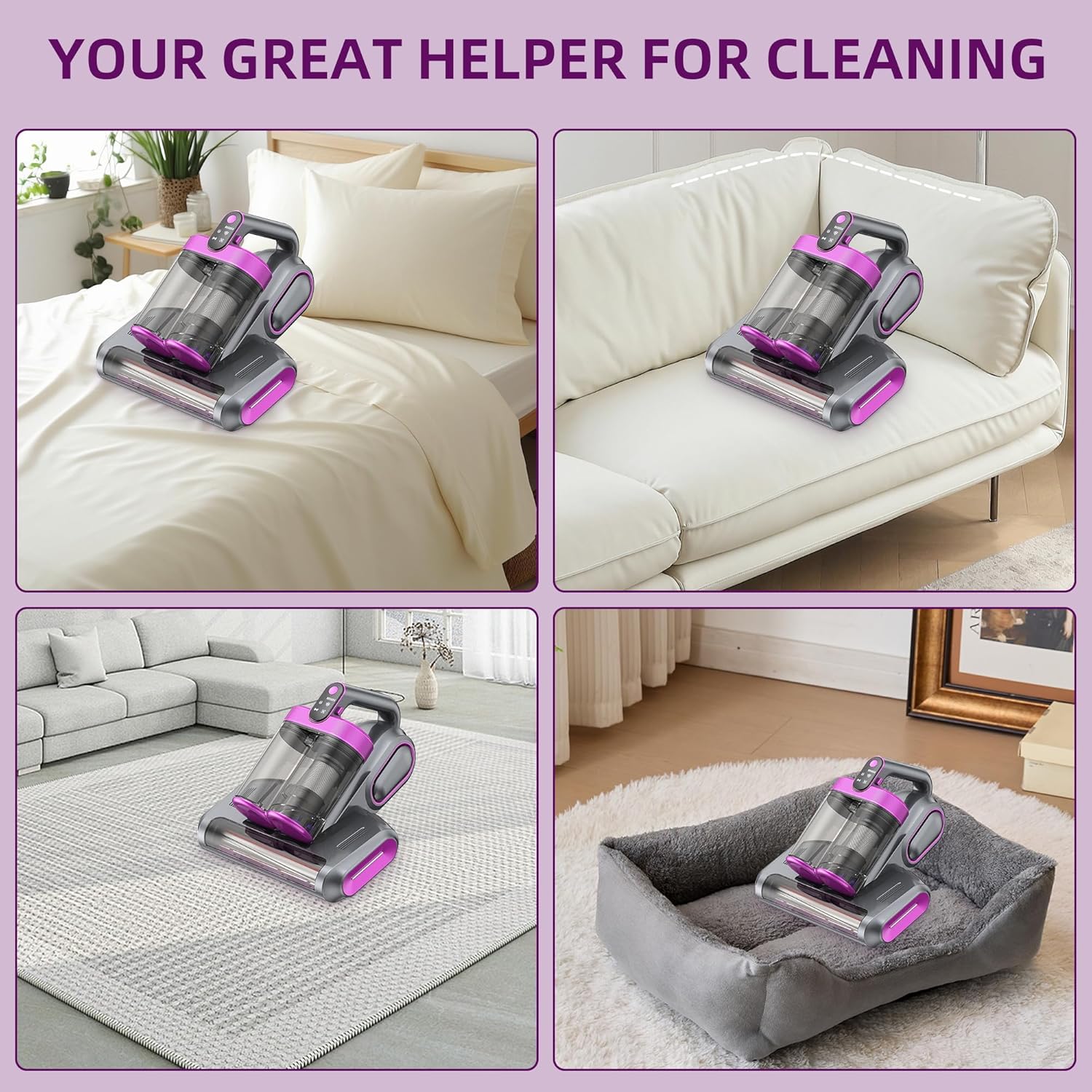 Mattress Vacuum Cordless with 16Kpa Suction & HEPA Dust Cups, 253.7nm UV-C Light & Ultrasonic, Low Noise Widened Suction Port Handheld Vacuum for Bed Pillows Couch Car Seat Rugs, Gray Purple