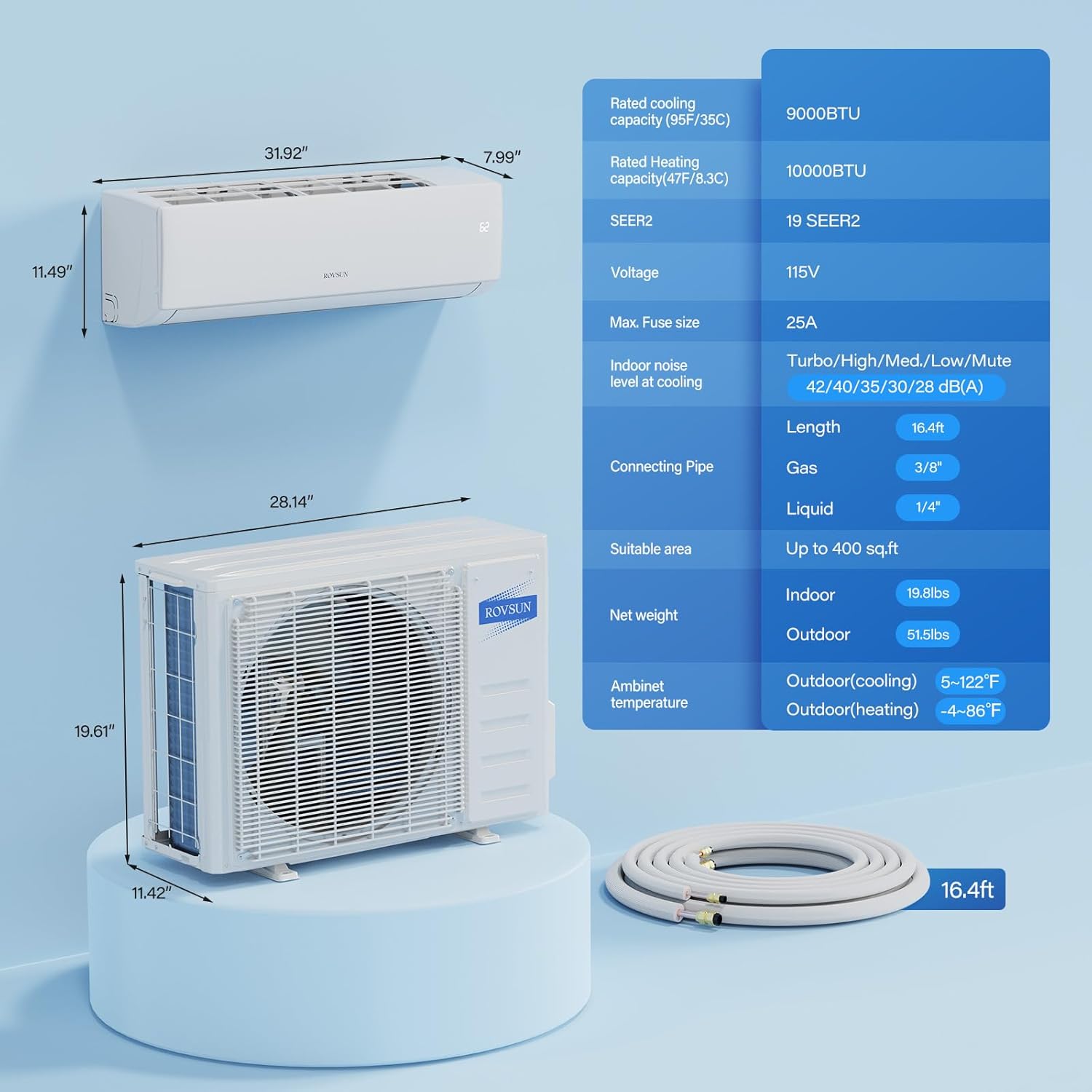 ROVSUN 9000 BTU Mini Split AC/Heating System with Inverter, 19 SEER2 Energy Saving 115V Ductless Split-System Air Conditioner with Pre-Charged Condenser, Heat Pump, Remote Control & Installation Kit