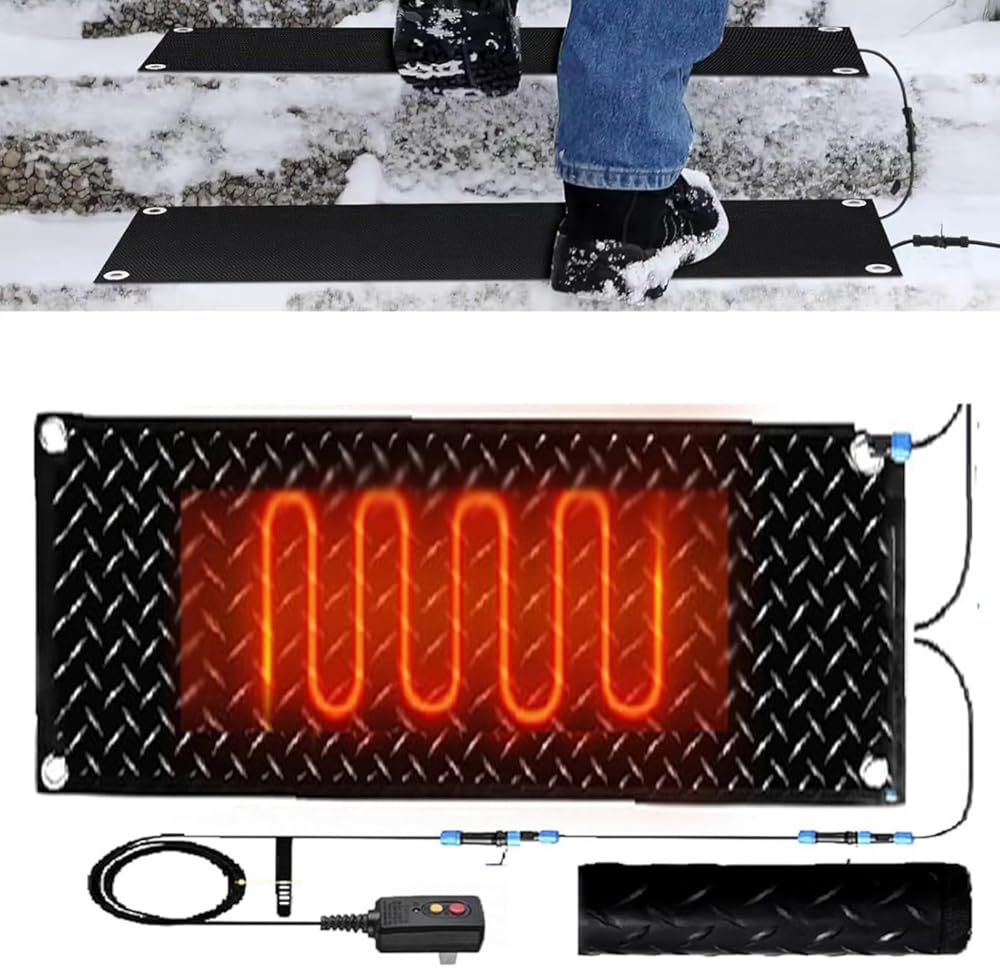 Heated Snow Melting Mats Outdoor Slip Proof Ice Heated Rubber Mat for Driveway Walkway Decks and Sidewalks Connection with 9.84 ft Power Cord for Winter Stairs(1 Pcs,10x48in/(25.4x120cm))