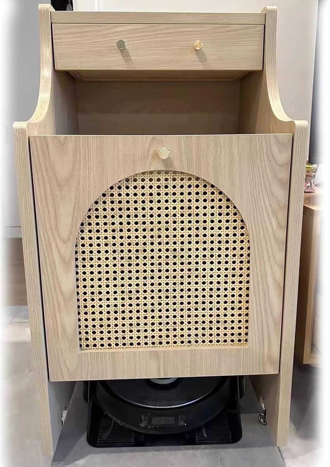 Multifunction Commercial Hotel Storage Cabinet Side Table w/ Drawers & Invisible Wheels, Standing Floor Self-emptying Robot Cleaner Rack Cart, Hallway Corner Home Organizer Shelf(Natural,50x55x90cm/19