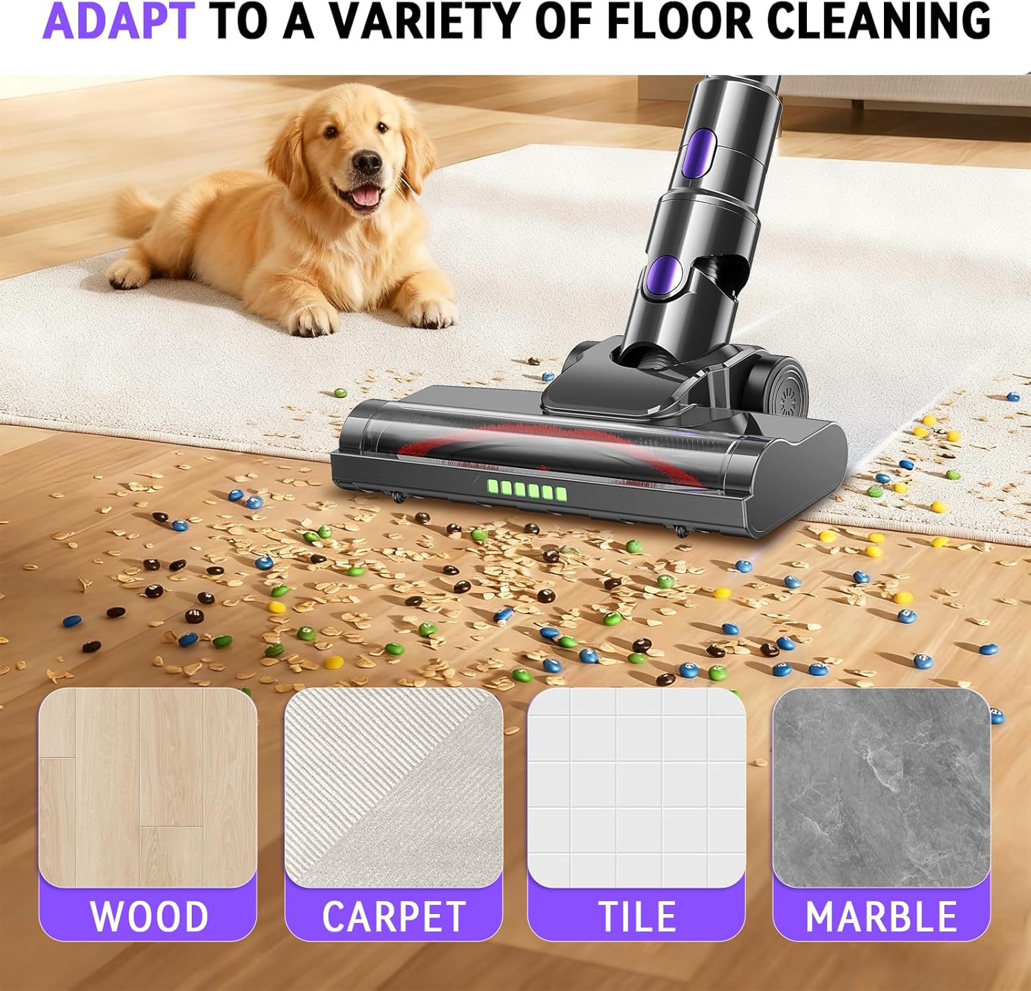 Cordless Vacuum Cleaner, 450W 48KPA Suction Power, 50 Minutes Runtime, Rechargeable Stick Vacuum for Carpet, Tile, Pet Hair, Hardwood Floors,Purple