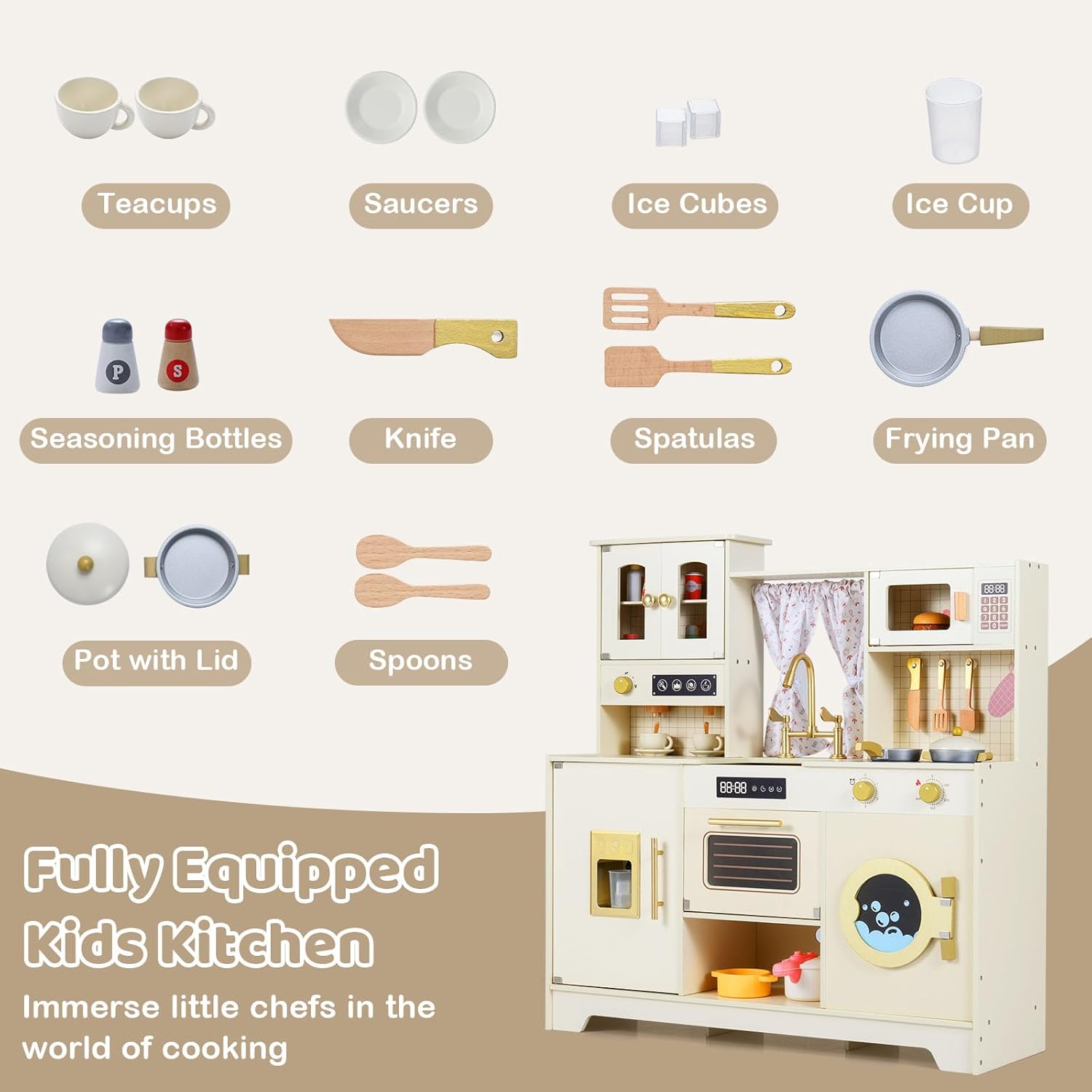 Costzon Kids Play Kitchen, Wooden Toy Kitchen Playset w/Ice Maker, Coffee Maker, Washing Machine, Curtain, Microwave & Oven, Pretend Toy Kitchen w/Storage for Boys and Girls Aged 3+