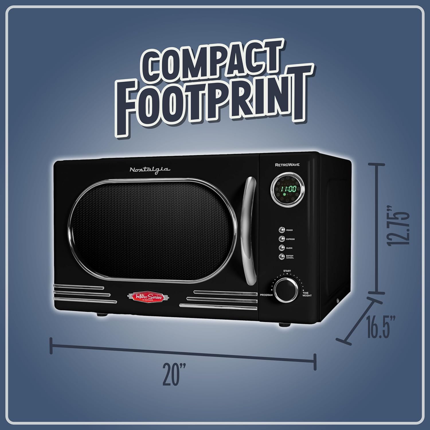 Nostalgia Retro Countertop Microwave Oven - 1.1 Cu Ft & 1000 Watt Power- Easy to Clean with Removable Glass Turntable - Child Safety Lock - 12 Programs - Digital Clock - Black