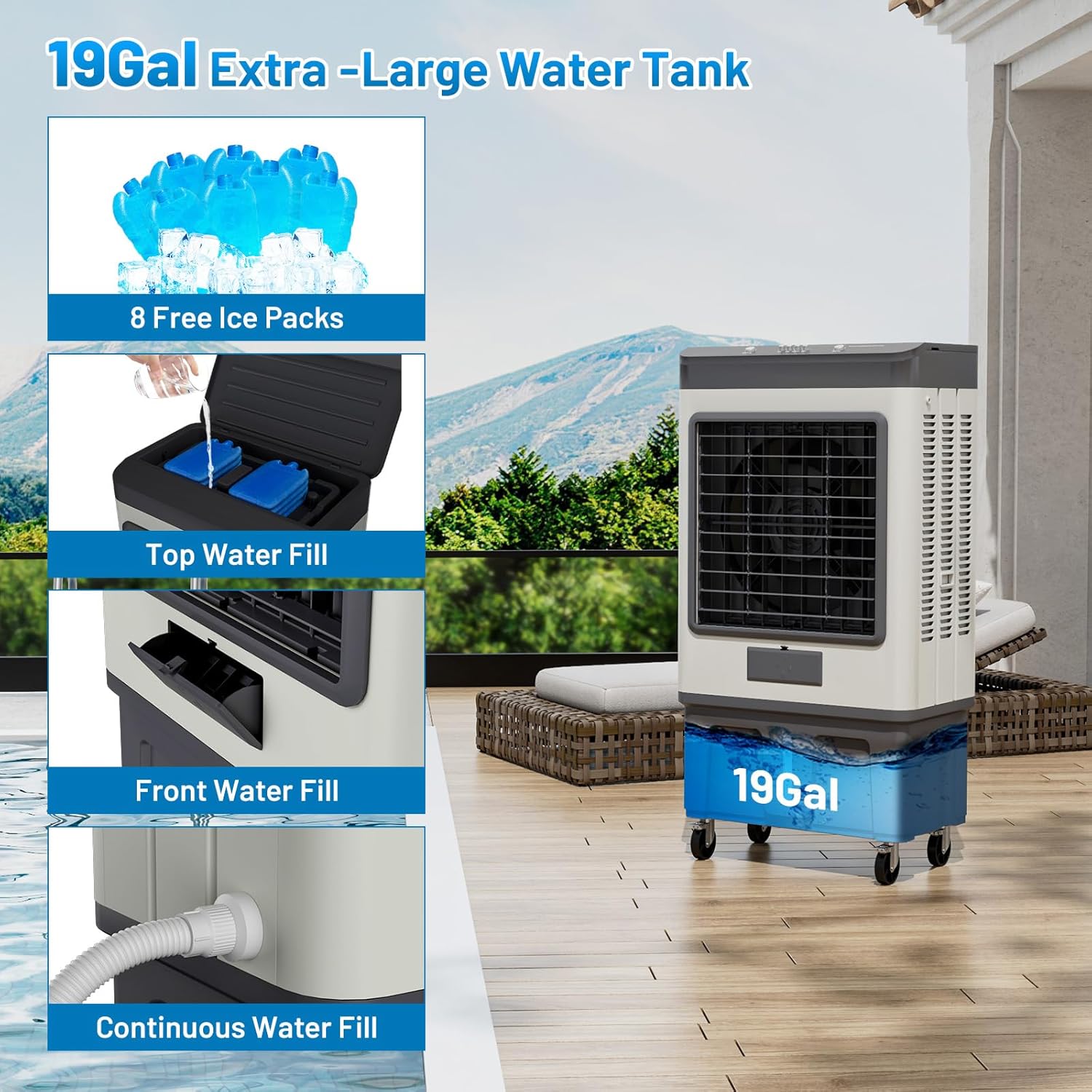 VCJ 6500CFM Swamp Cooler, Evaporative Air Cooler with 19Gal Water Tank, 8 Ice Packs, 120°Oscillation, 3 Speeds, Swamp Cooler Air Conditioner for Outdoor Patio Garage Commercial Industrial Use